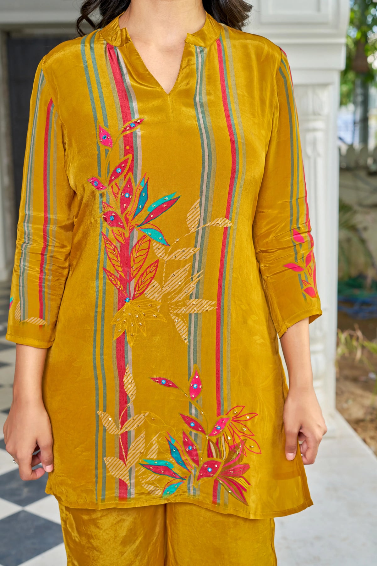 Mustard Yellow Multicolor Printed Co-ord Set in Crepe