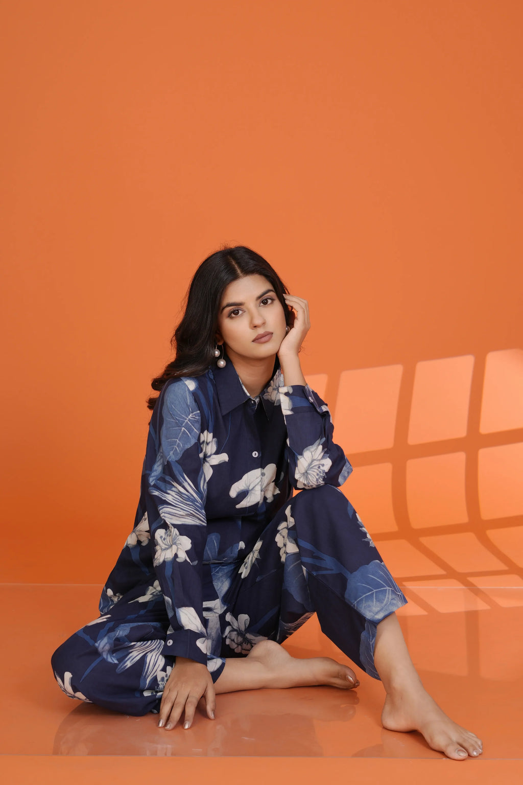 Navy Blue White Floral Co-Ord Set in Cotton Cambric