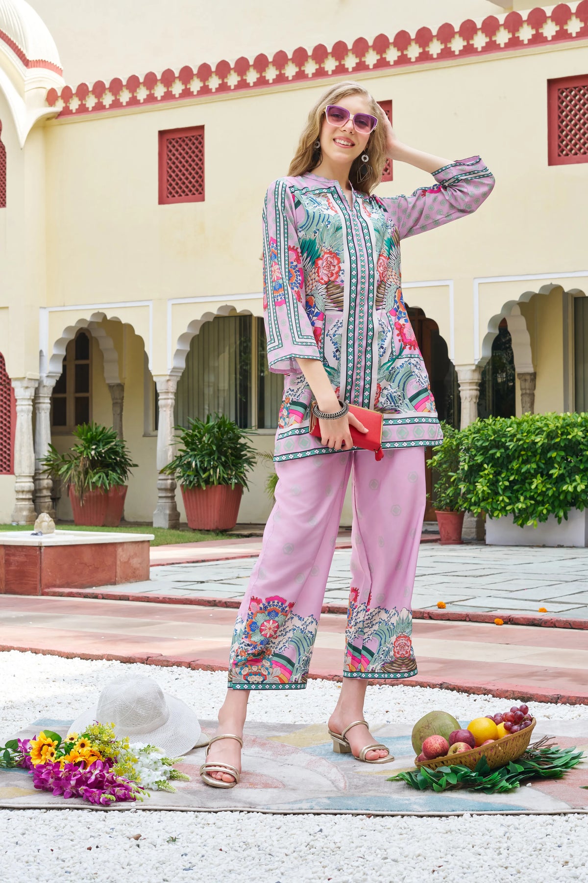Powder Pink Floral Printed Co-ord Set in Crepe