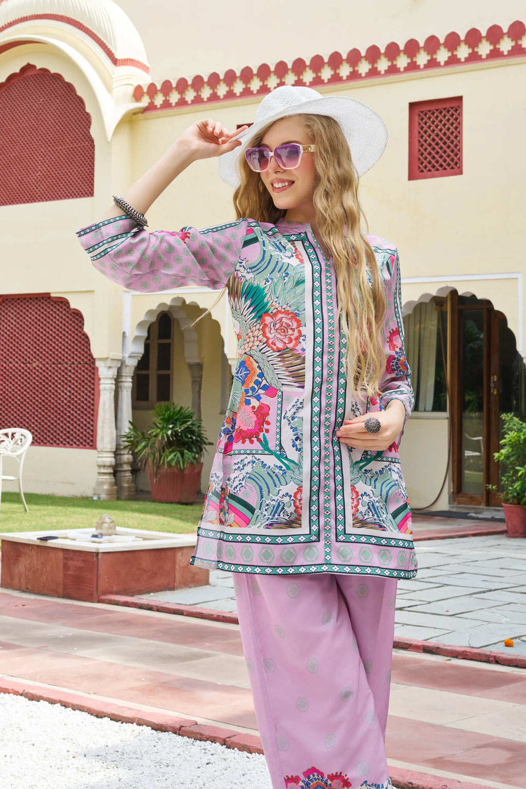 Powder Pink Floral Printed Co-ord Set in Crepe
