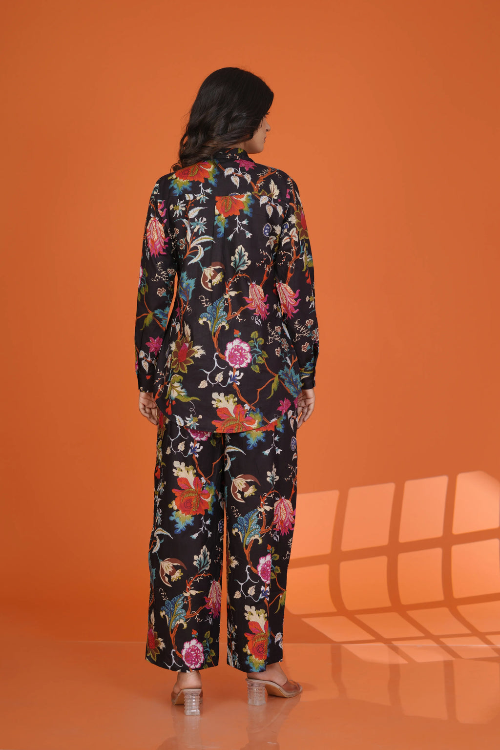 Black Multicolor Floral Co-Ord Set in Cotton Cambric