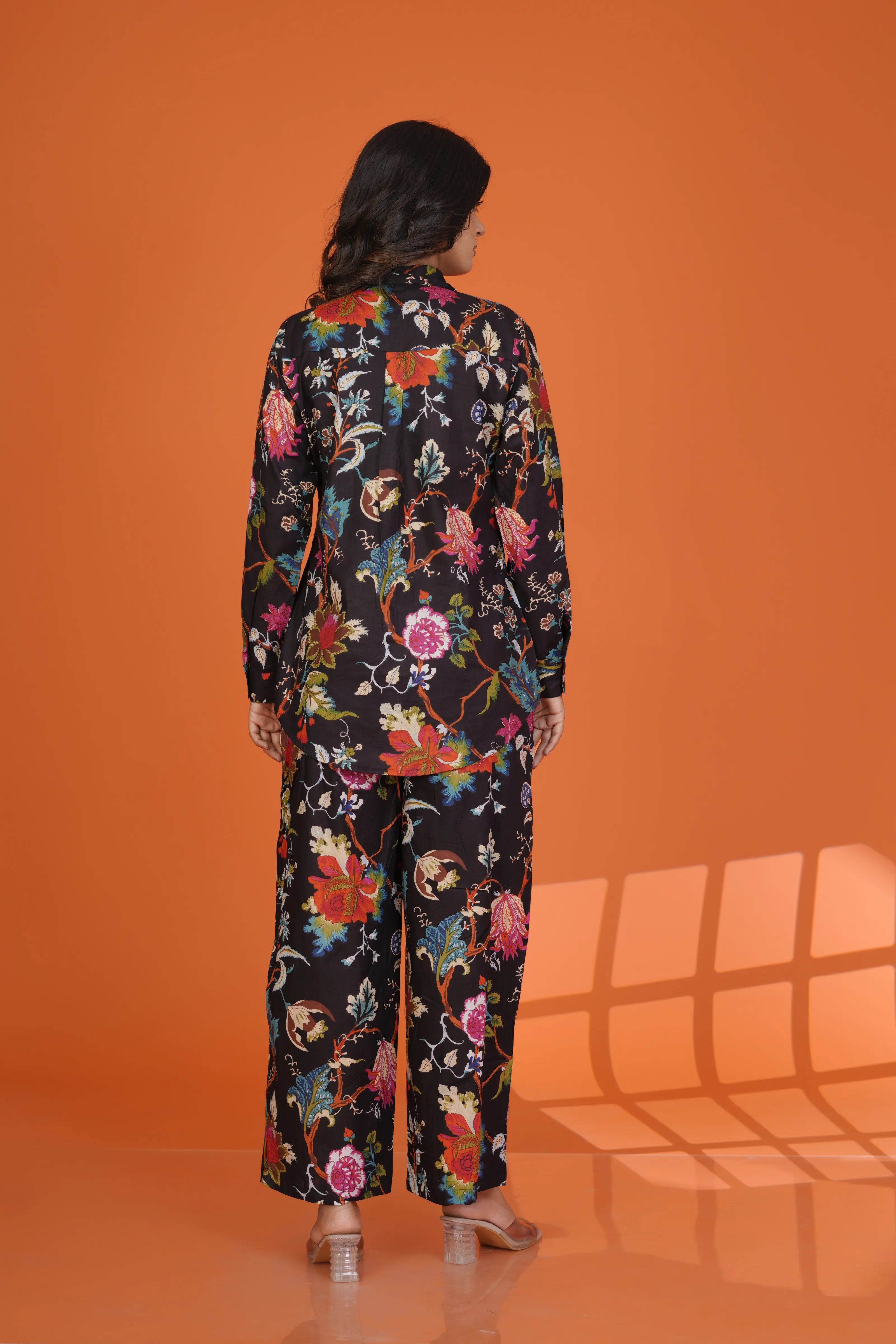 Black Multicolor Floral Co-Ord Set in Cotton Cambric
