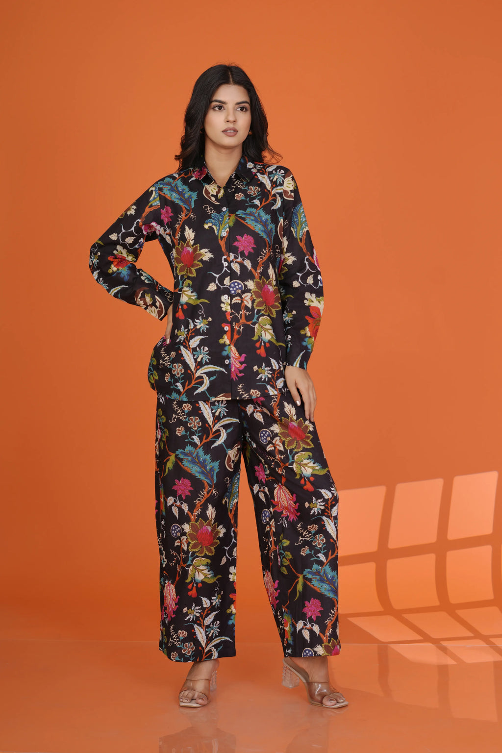Black Multicolor Floral Co-Ord Set in Cotton Cambric