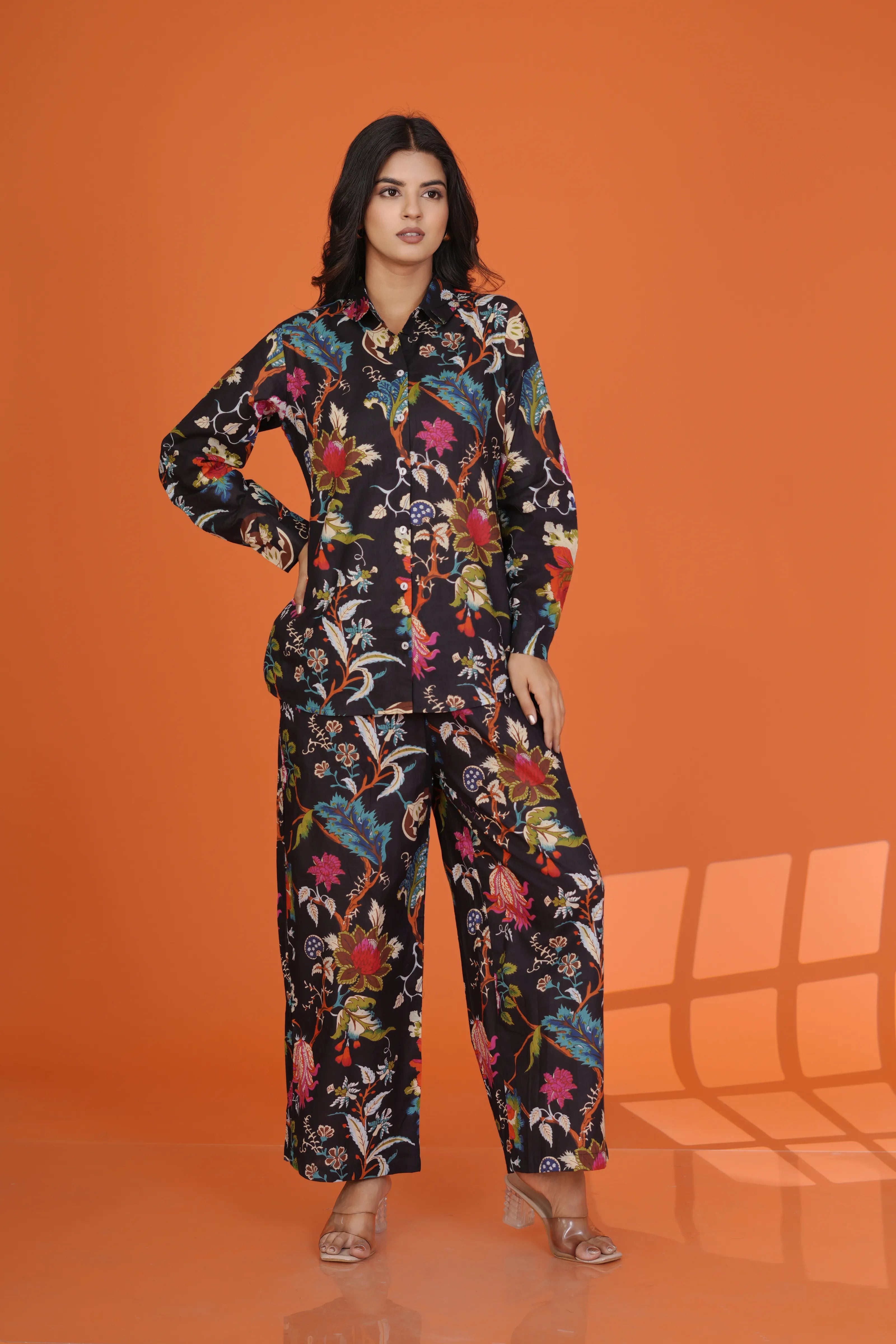 Black Multicolor Floral Co-Ord Set in Cotton Cambric