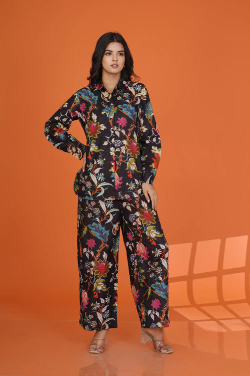 Black Multicolor Floral Co-Ord Set in Cotton Cambric
