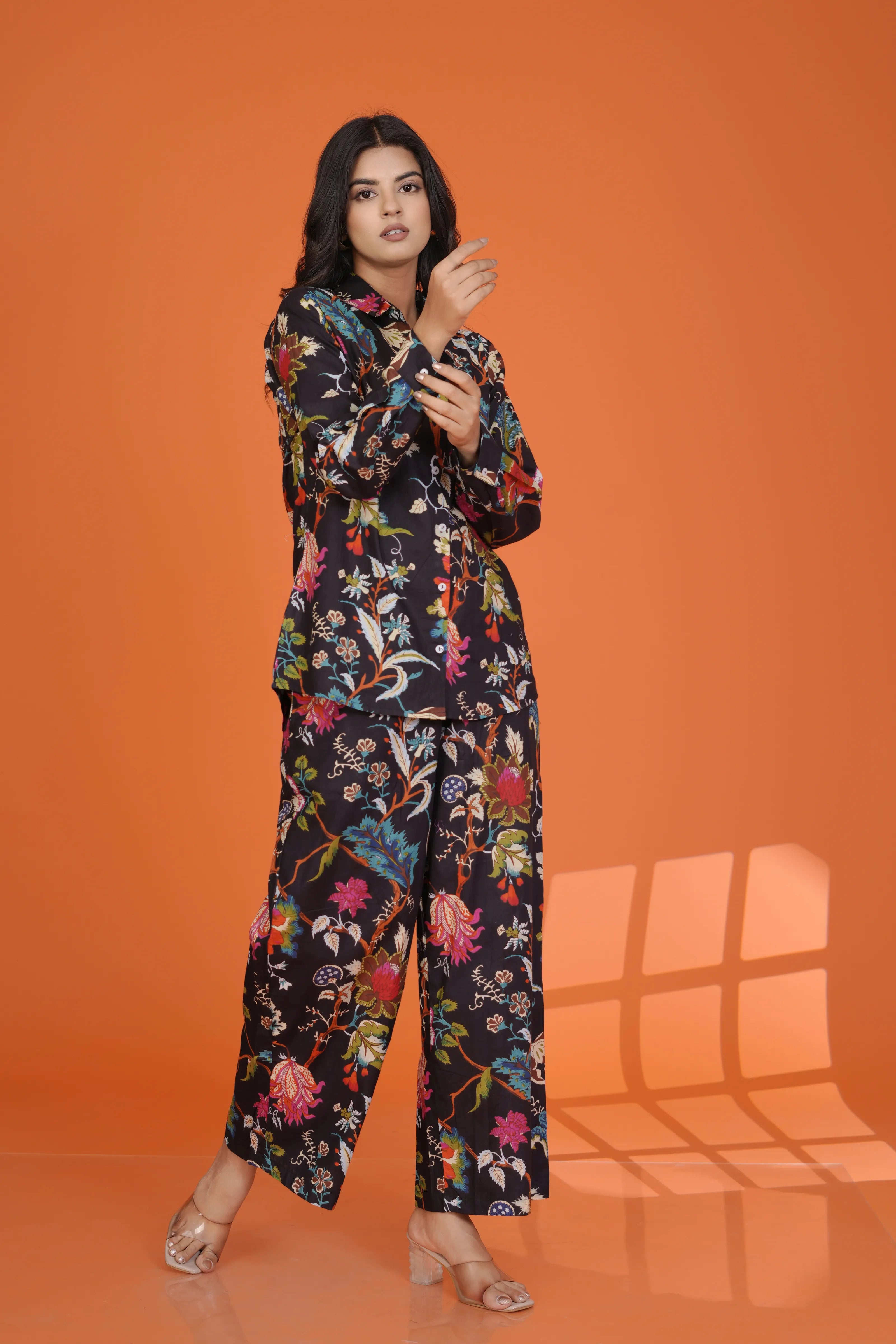 Black Multicolor Floral Co-Ord Set in Cotton Cambric