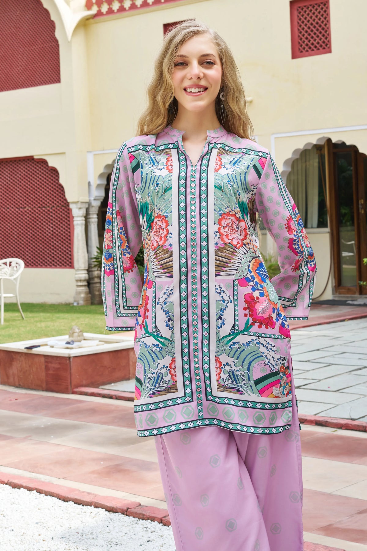 Powder Pink Floral Printed Co-ord Set in Crepe