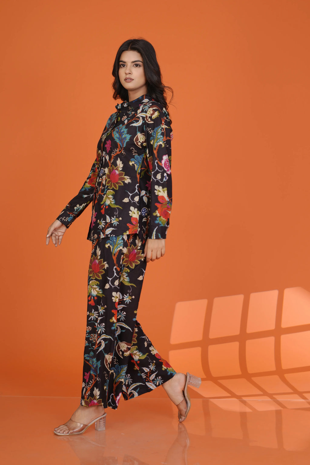 Black Multicolor Floral Co-Ord Set in Cotton Cambric