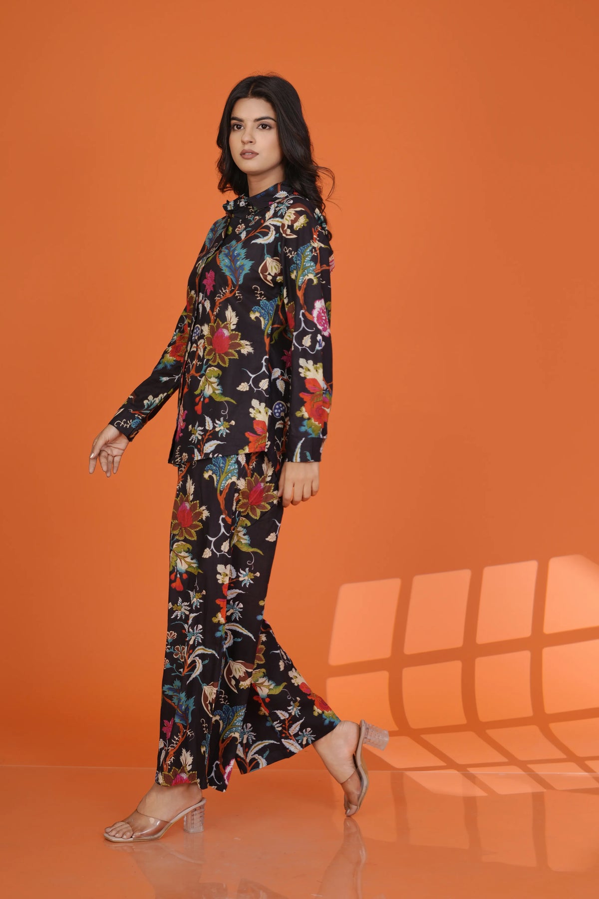 Black Multicolor Floral Co-Ord Set in Cotton Cambric