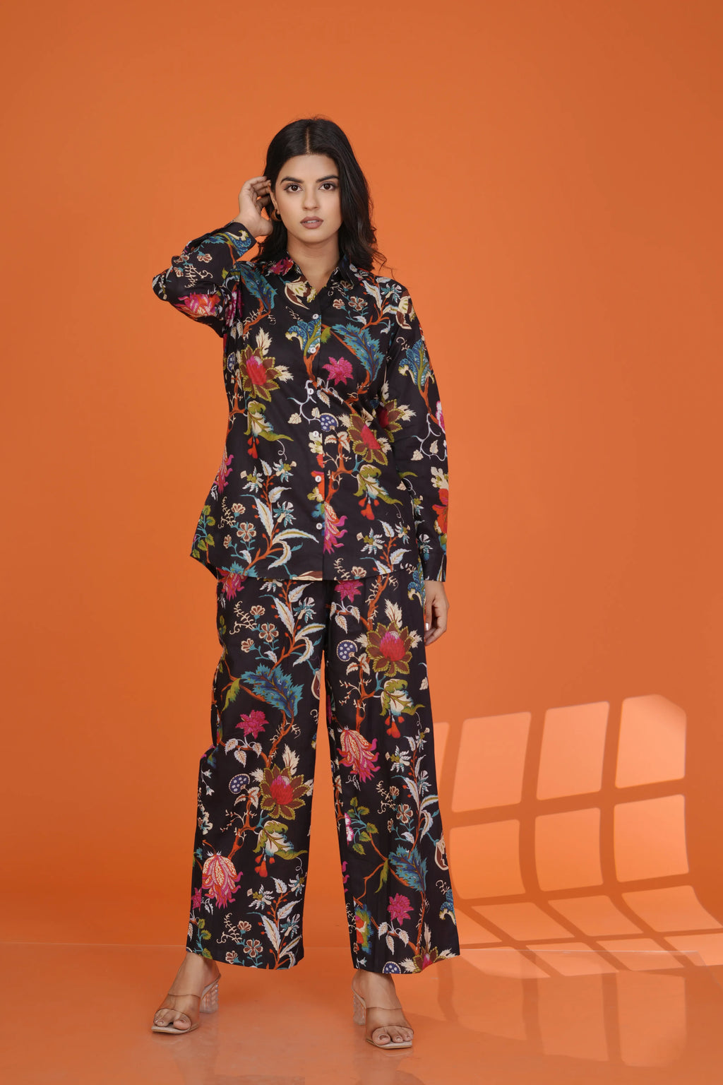 Black Multicolor Floral Co-Ord Set in Cotton Cambric