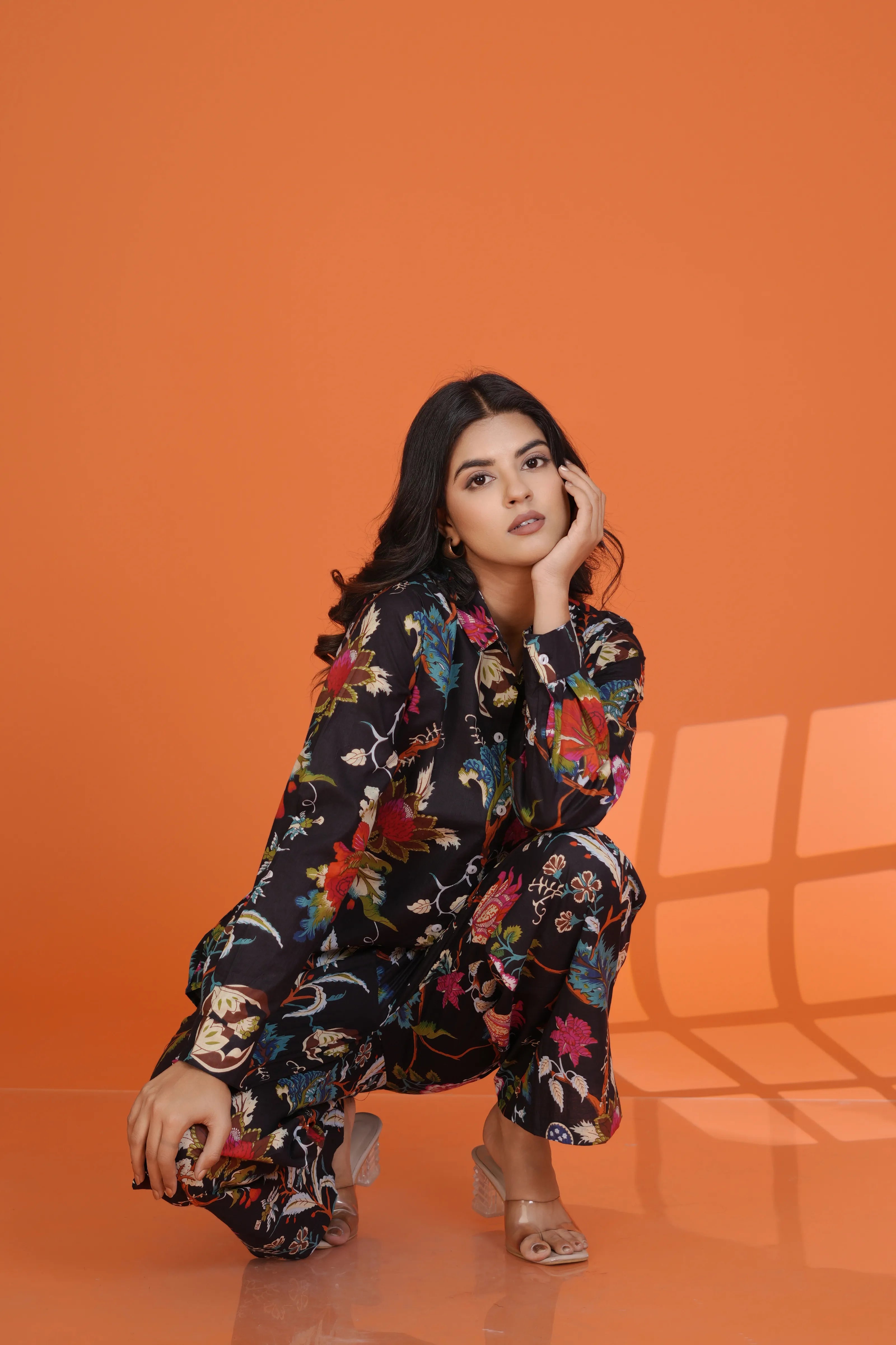 Black Multicolor Floral Co-Ord Set in Cotton Cambric
