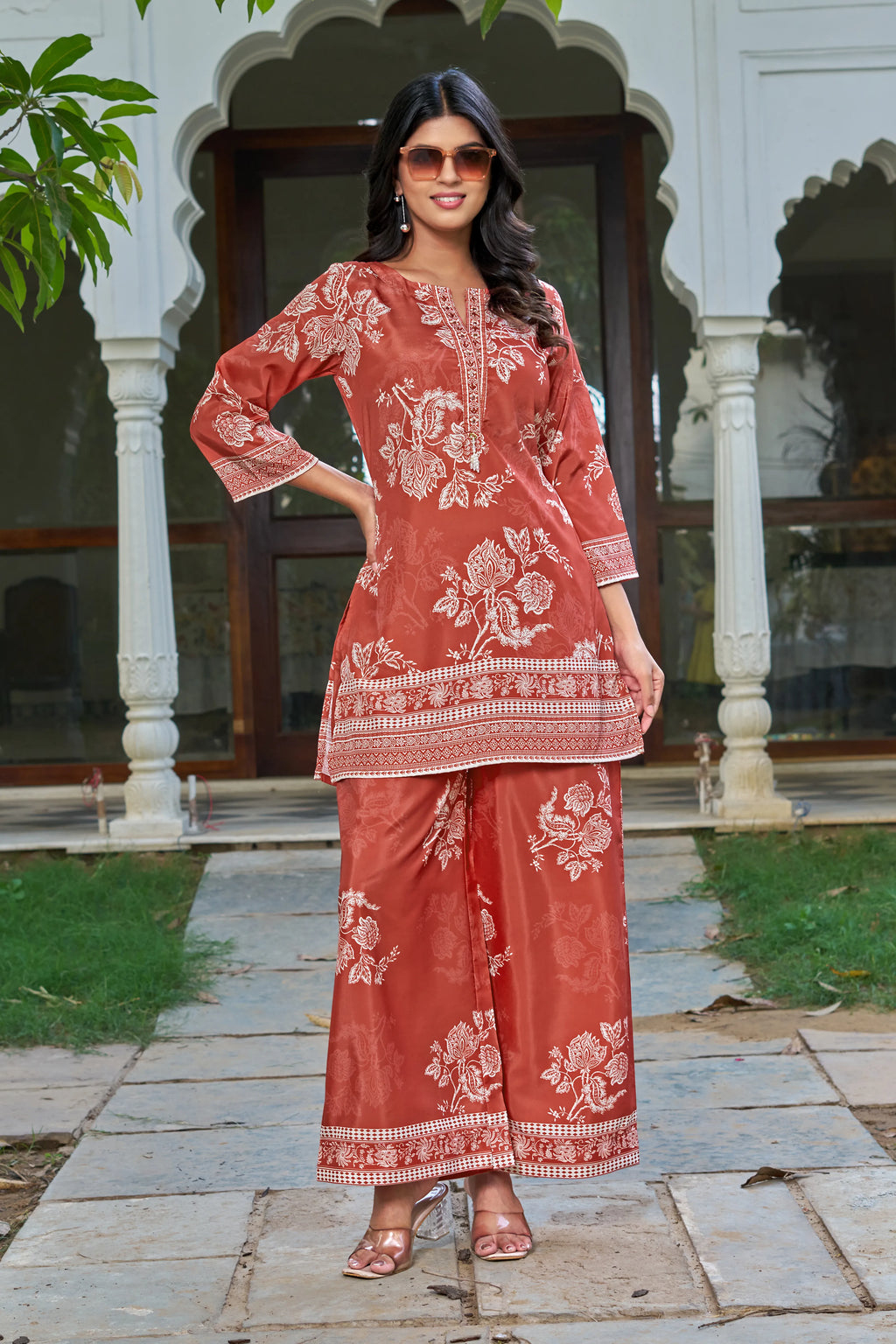 Rust Floral Co-ord Set in Crepe