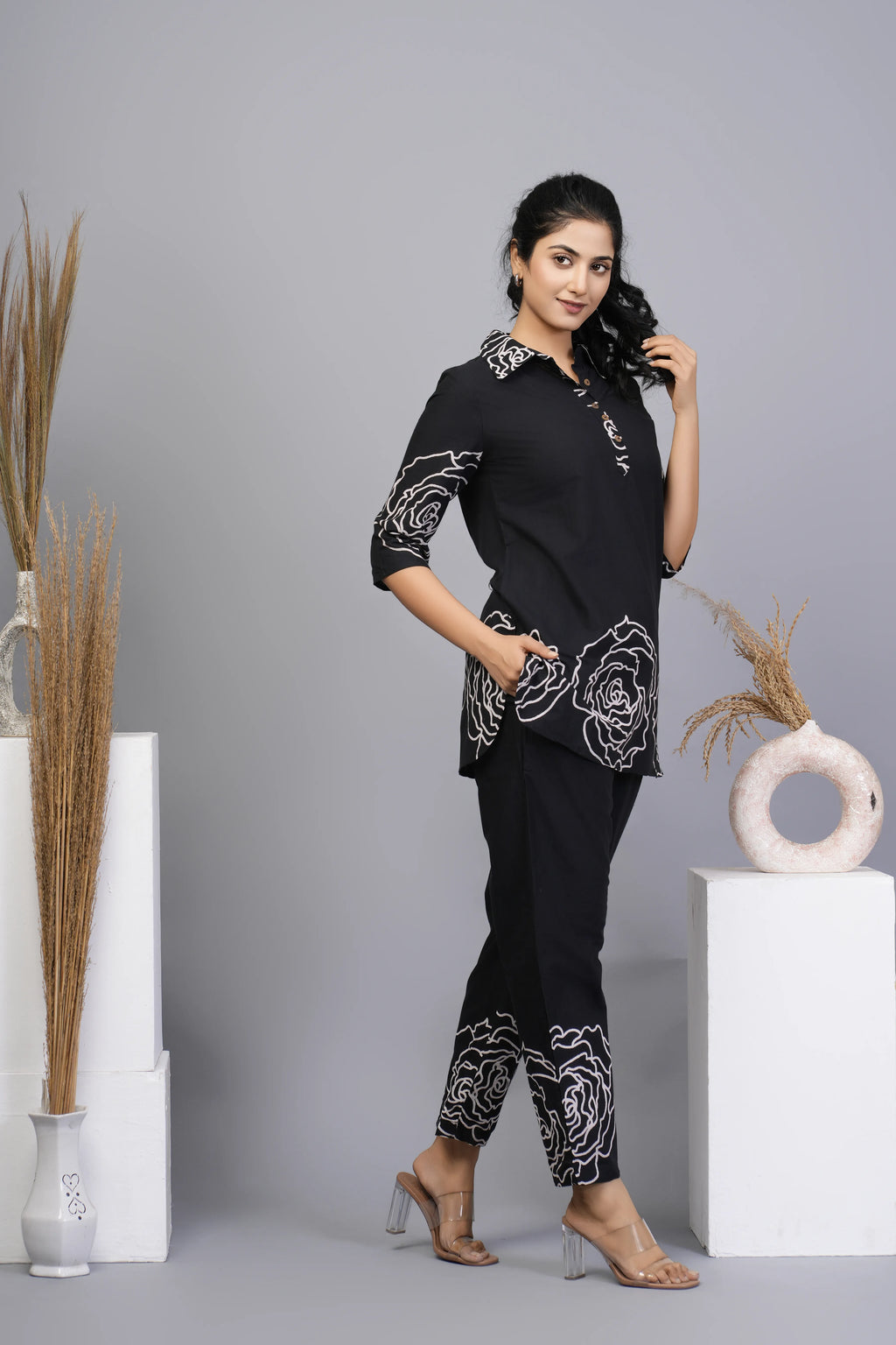Black Floral Printed Cotton Co-ord Set