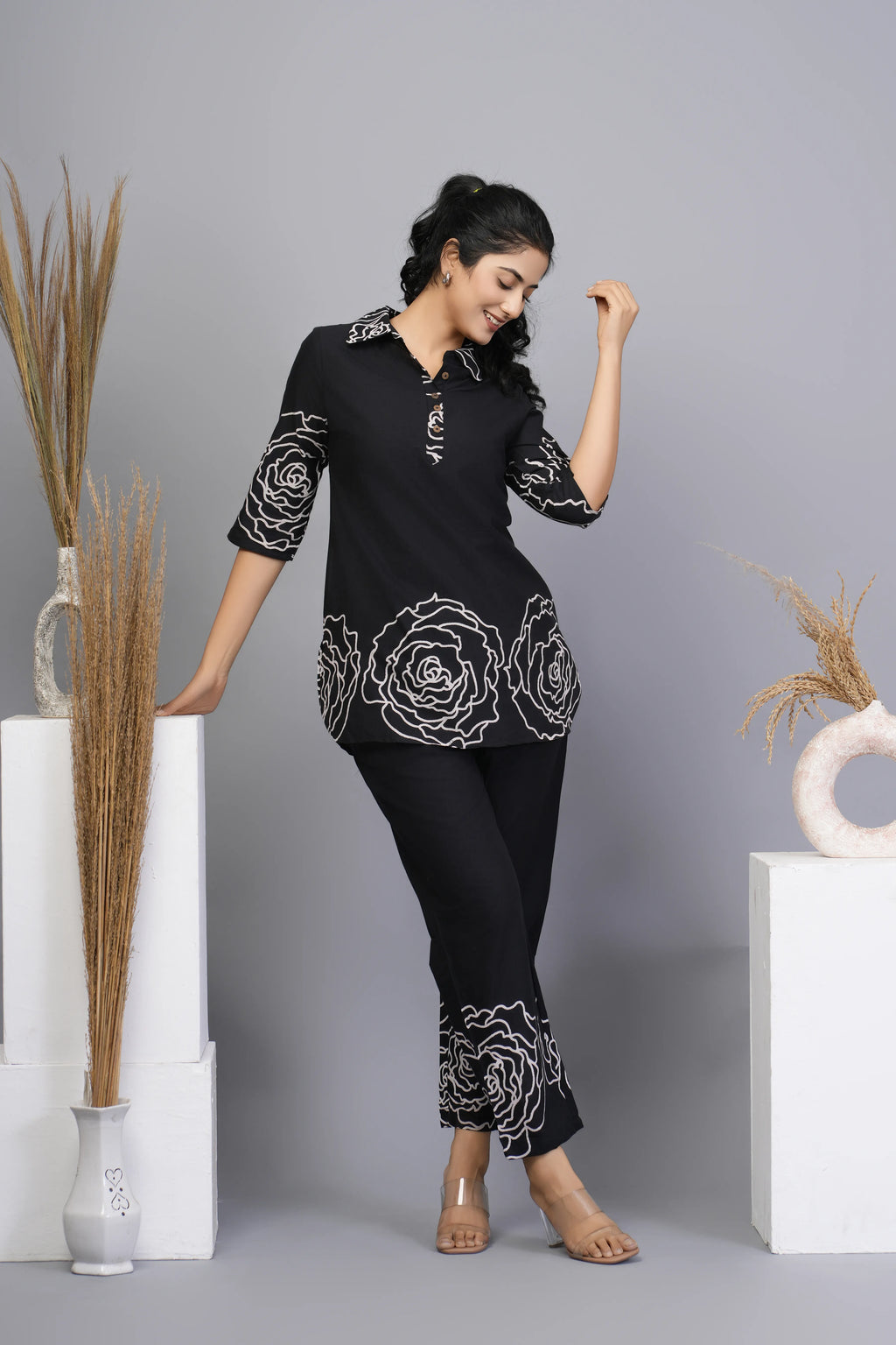 Black Floral Printed Cotton Co-ord Set