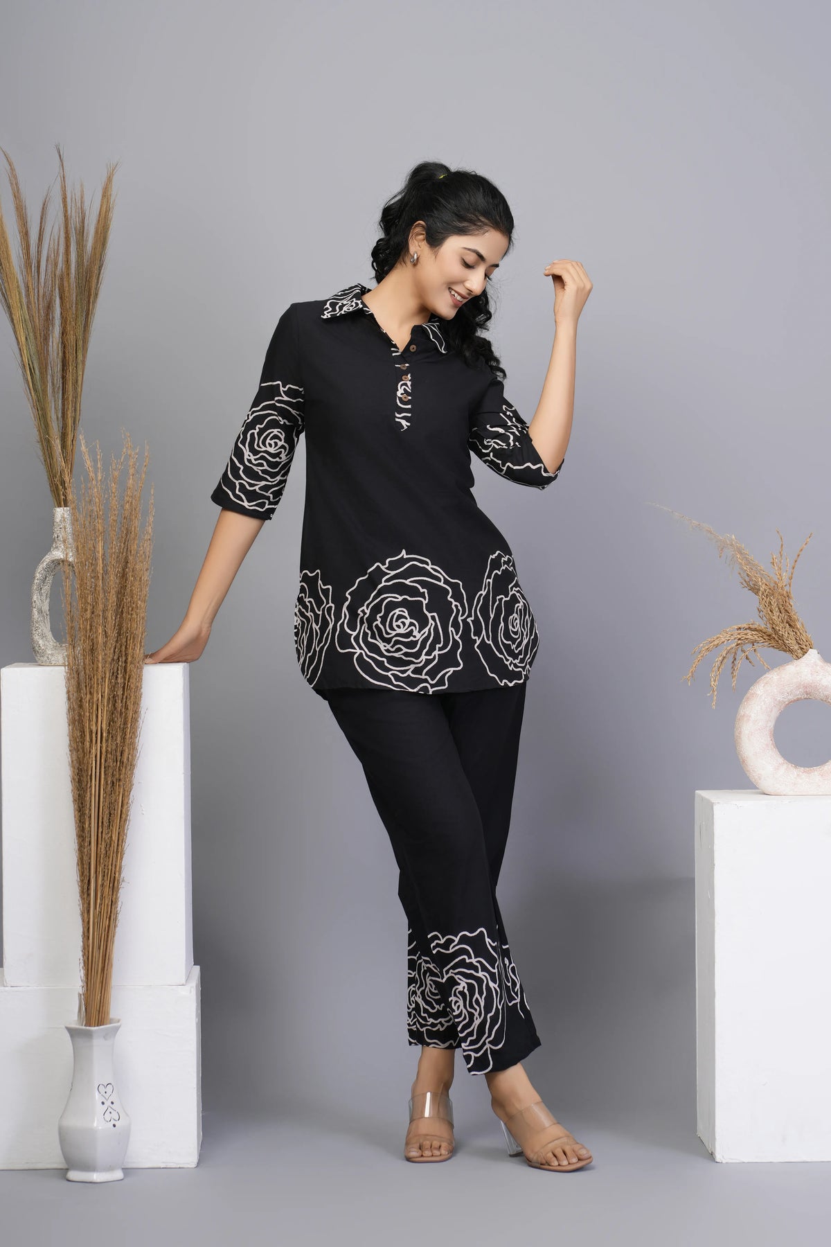 Black Floral Printed Cotton Co-ord Set