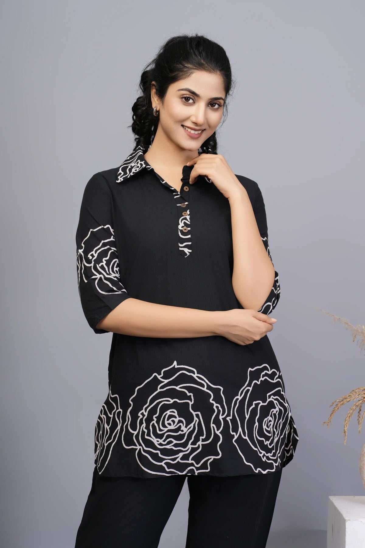 Black Floral Printed Cotton Co-ord Set