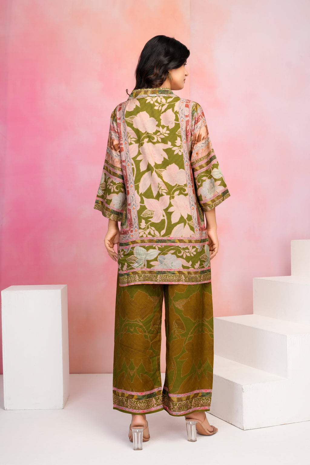Olive Green Base Multicolor Printed Muslin Kurta Set