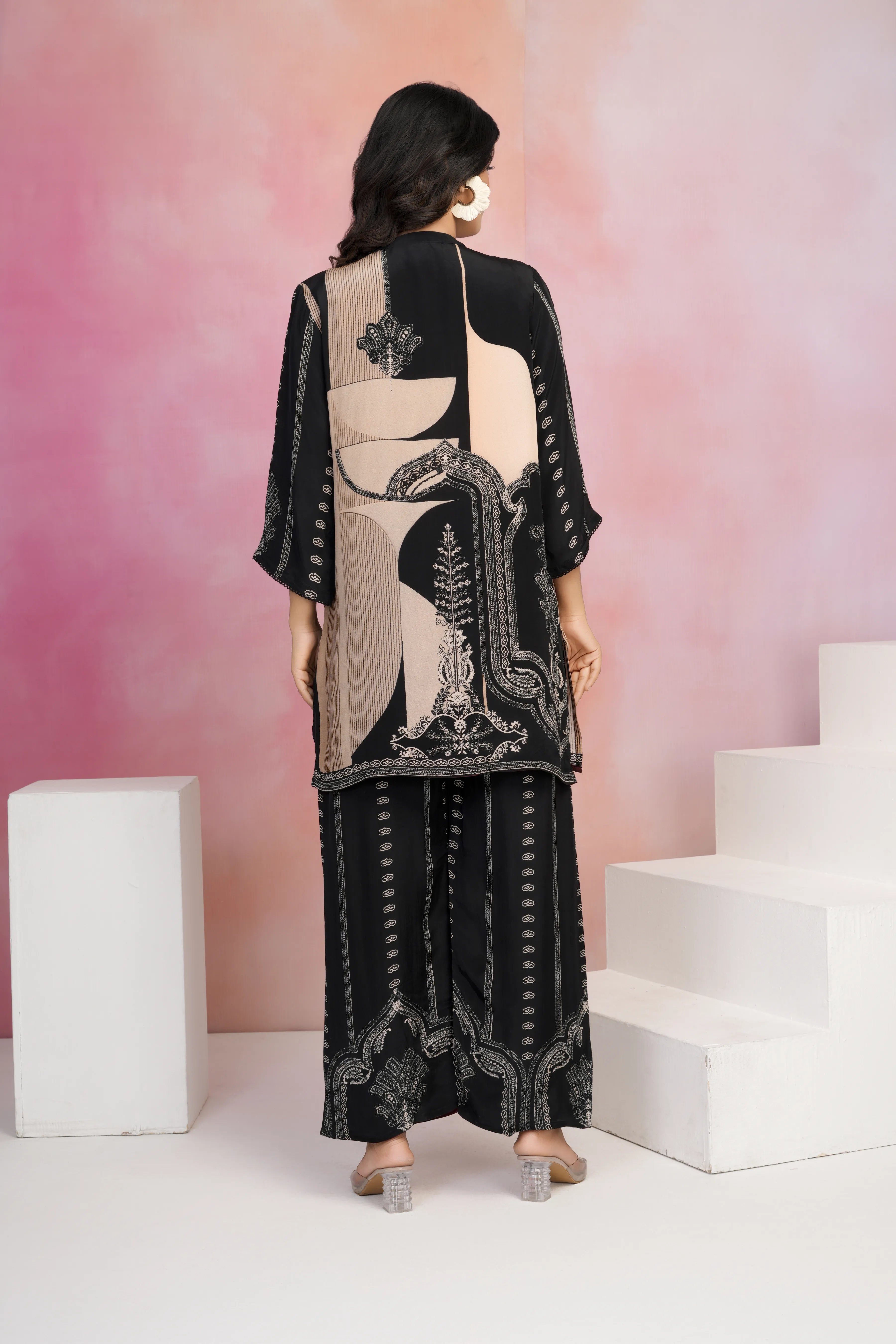 Black & Peach Placement Printed Crepe Co-ord Set with Sequin Detailing