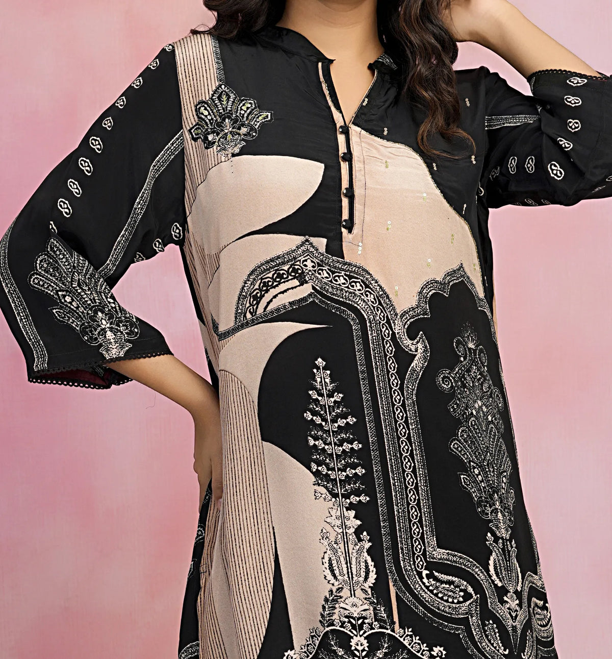 Black & Peach Placement Printed Crepe Co-ord Set with Sequin Detailing