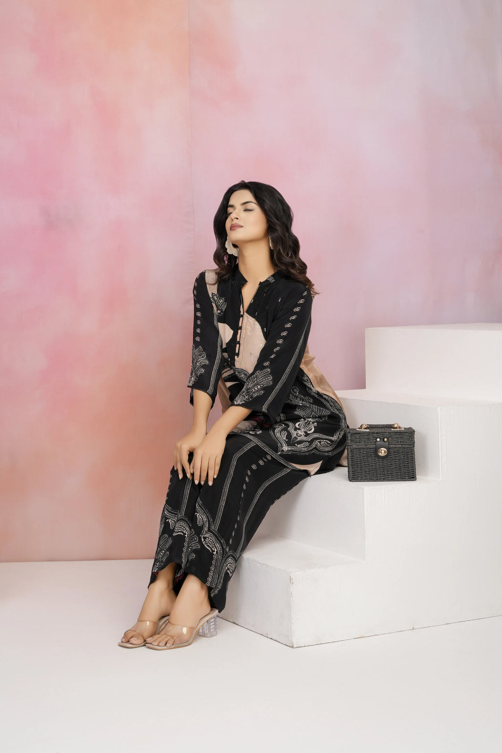 Black & Peach Placement Printed Crepe Co-ord Set with Sequin Detailing