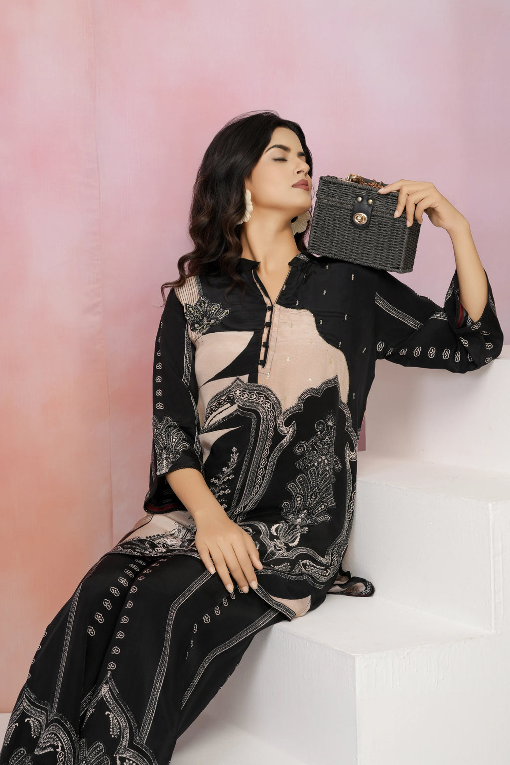 Black & Peach Placement Printed Crepe Co-ord Set with Sequin Detailing