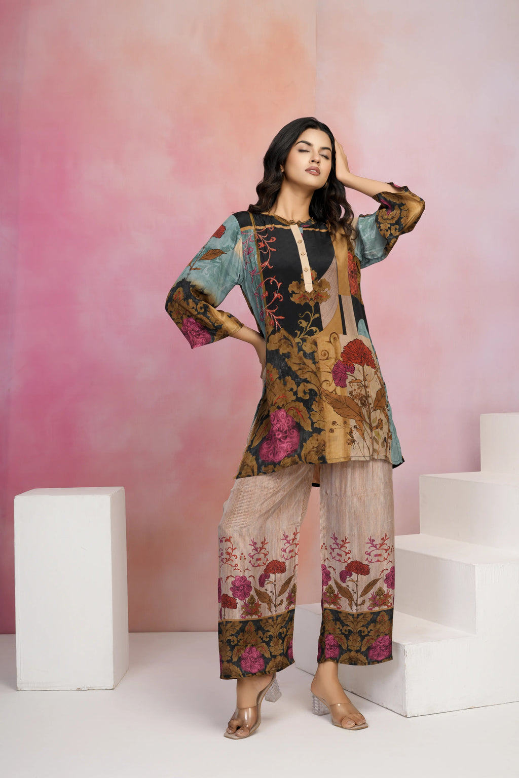 Black Base Multicolor Printed Crepe Kurta Set with Lurex Embroidery