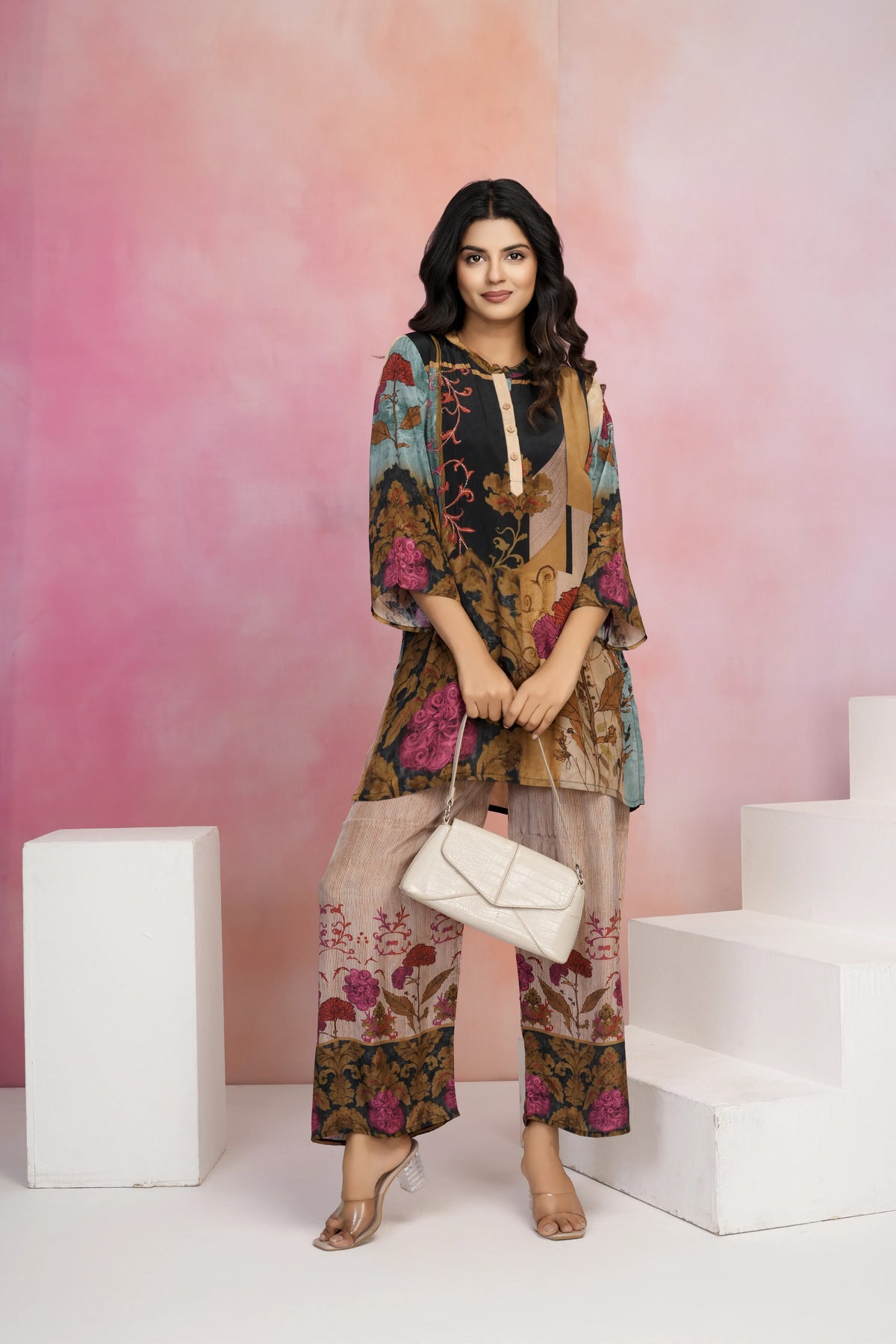Black Base Multicolor Printed Crepe Kurta Set with Lurex Embroidery