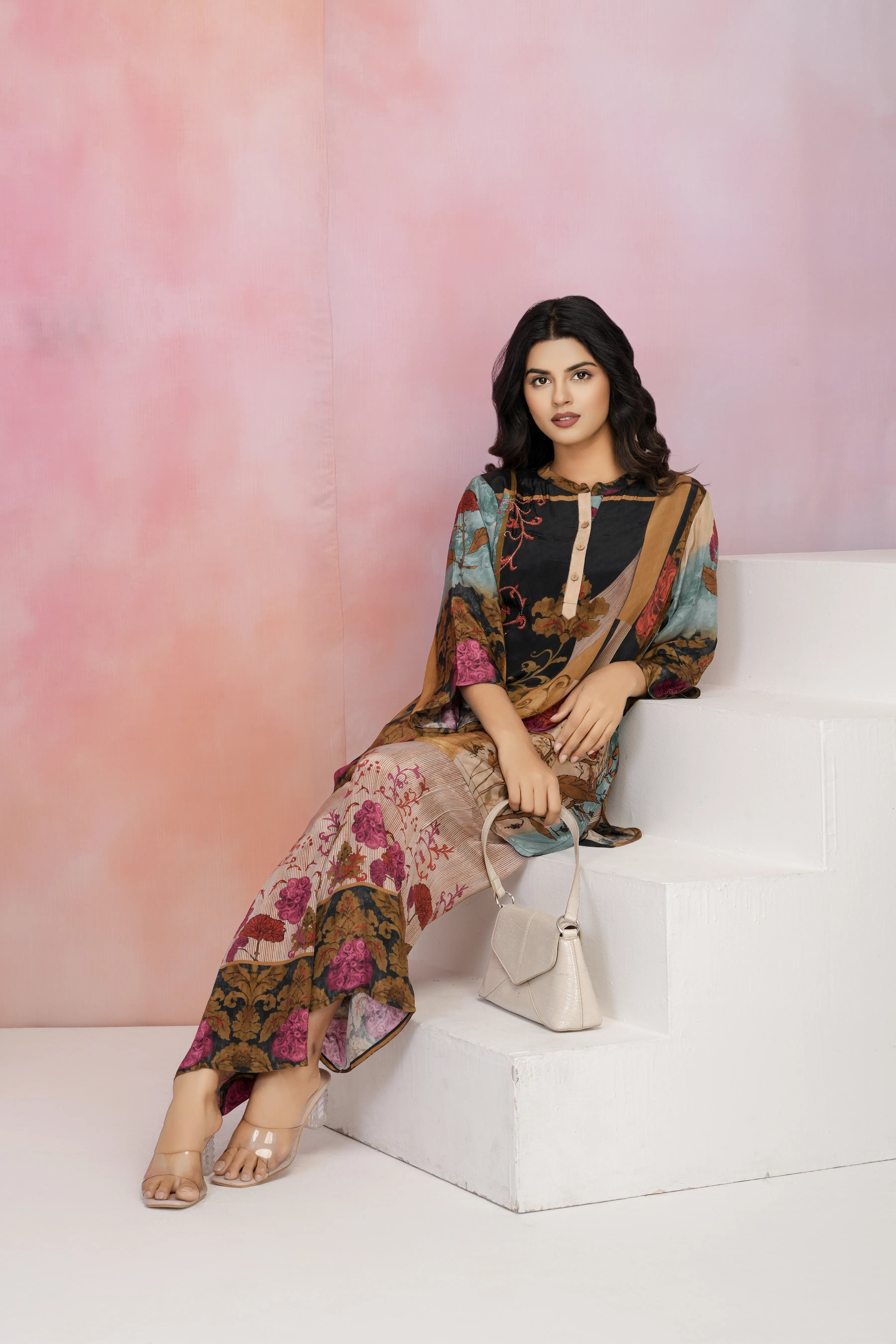 Black Base Multicolor Printed Crepe Kurta Set with Lurex Embroidery
