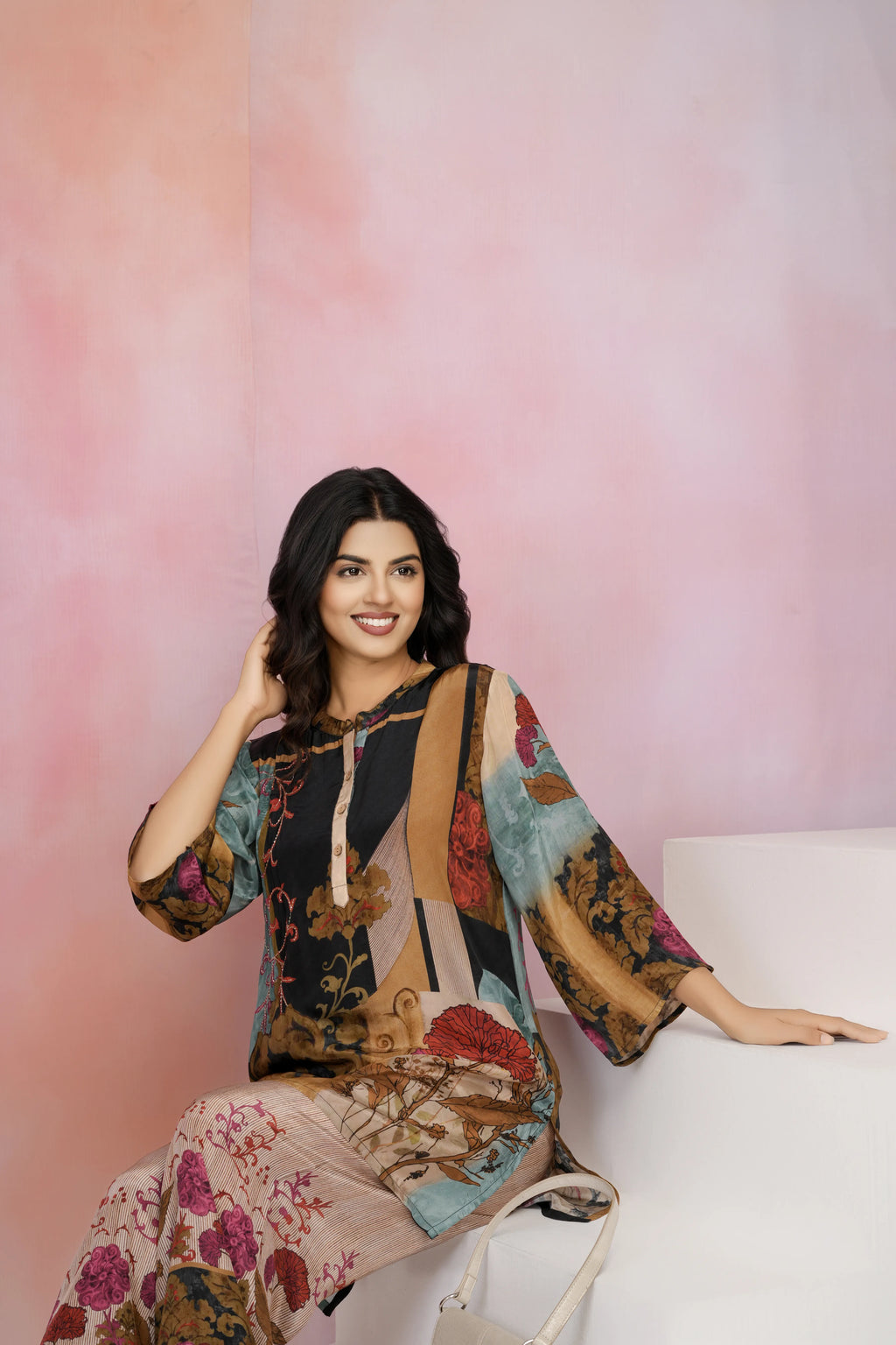 Black Base Multicolor Printed Crepe Kurta Set with Lurex Embroidery