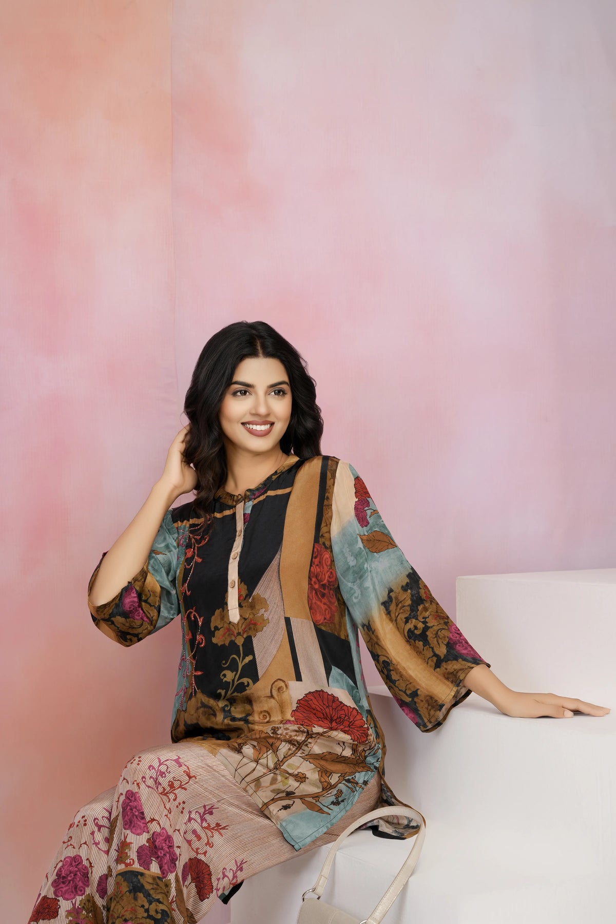 Black Base Multicolor Printed Crepe Kurta Set with Lurex Embroidery