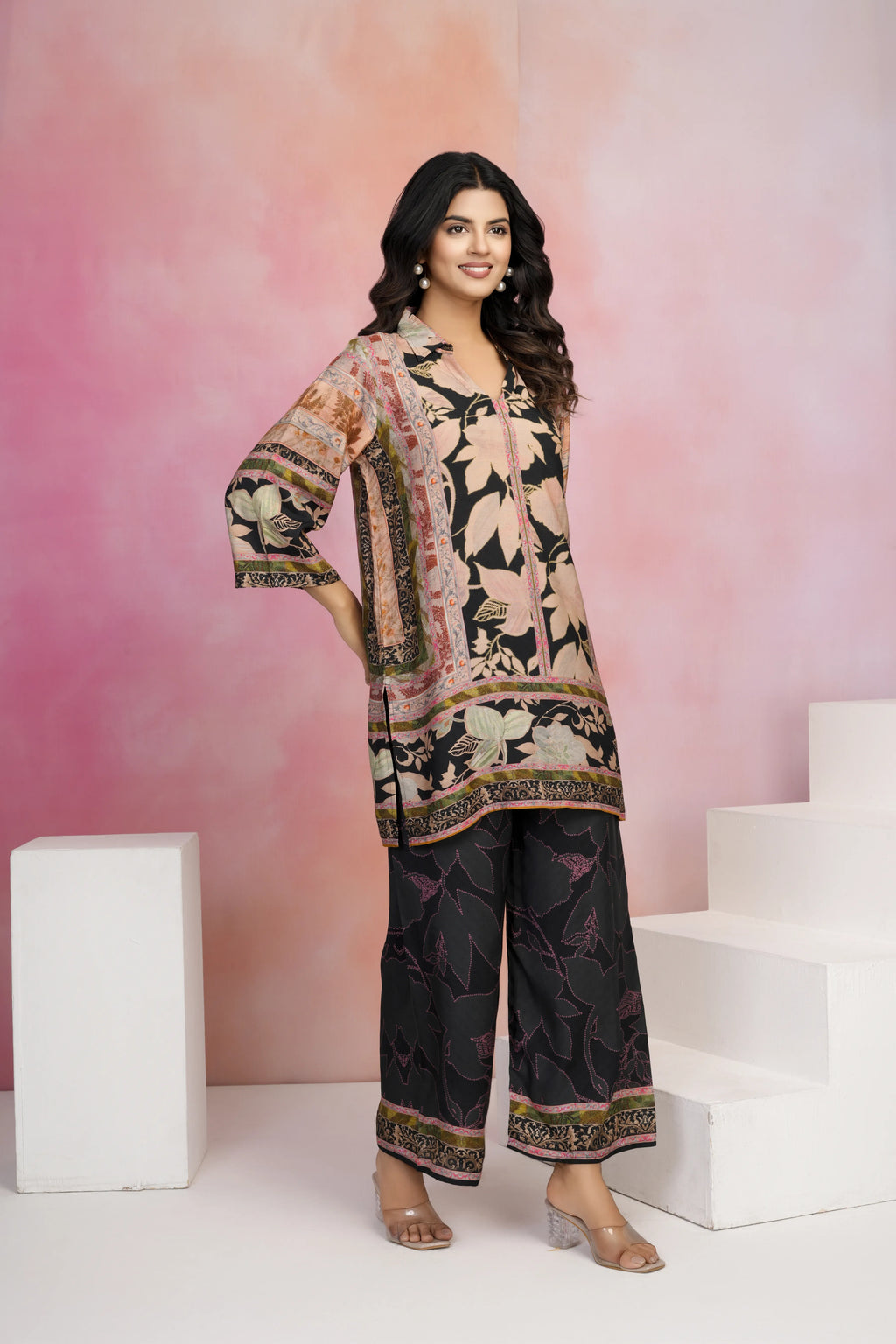 Black Base Multicolor Printed Muslin Kurta Set