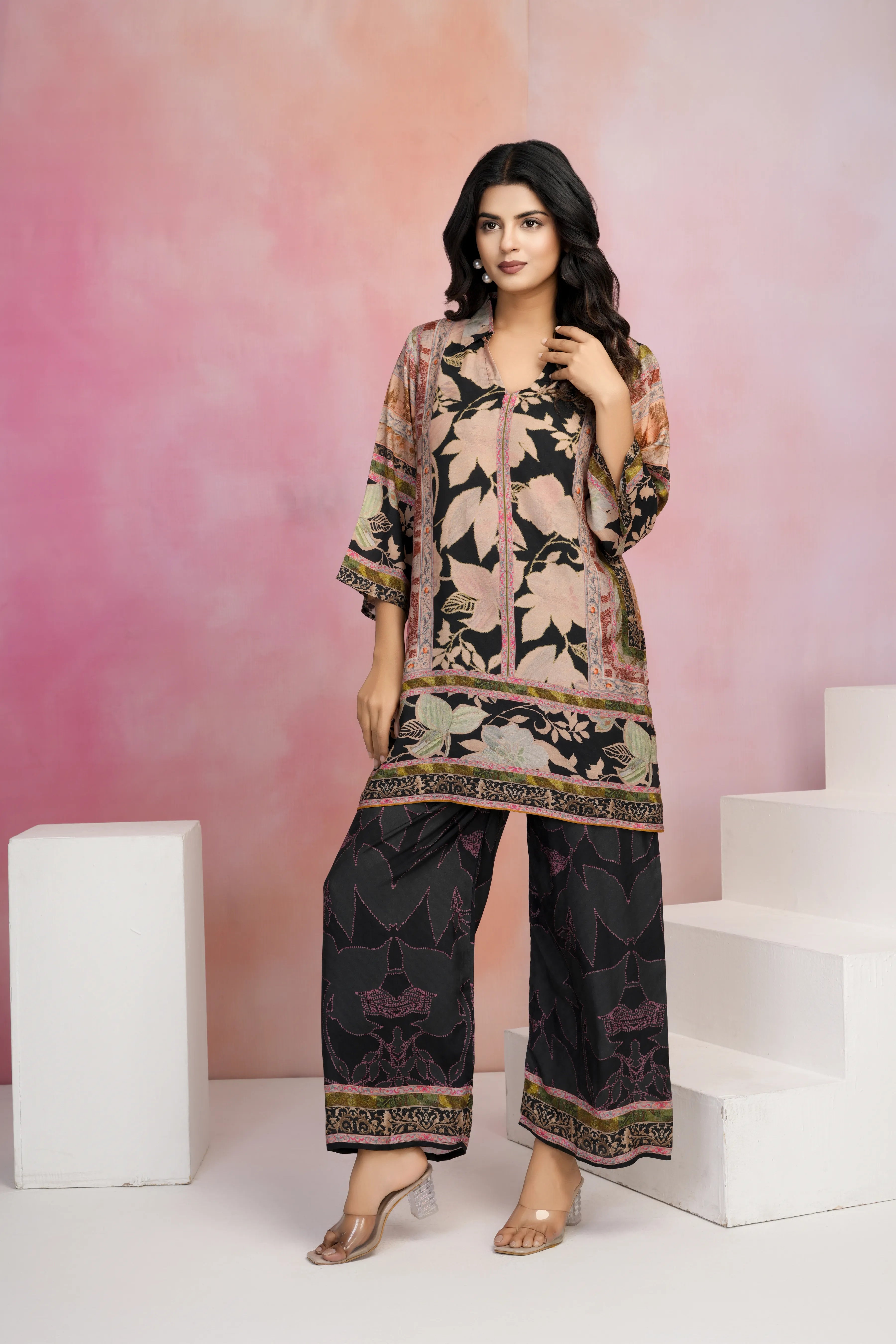 Black Base Multicolor Printed Muslin Kurta Set