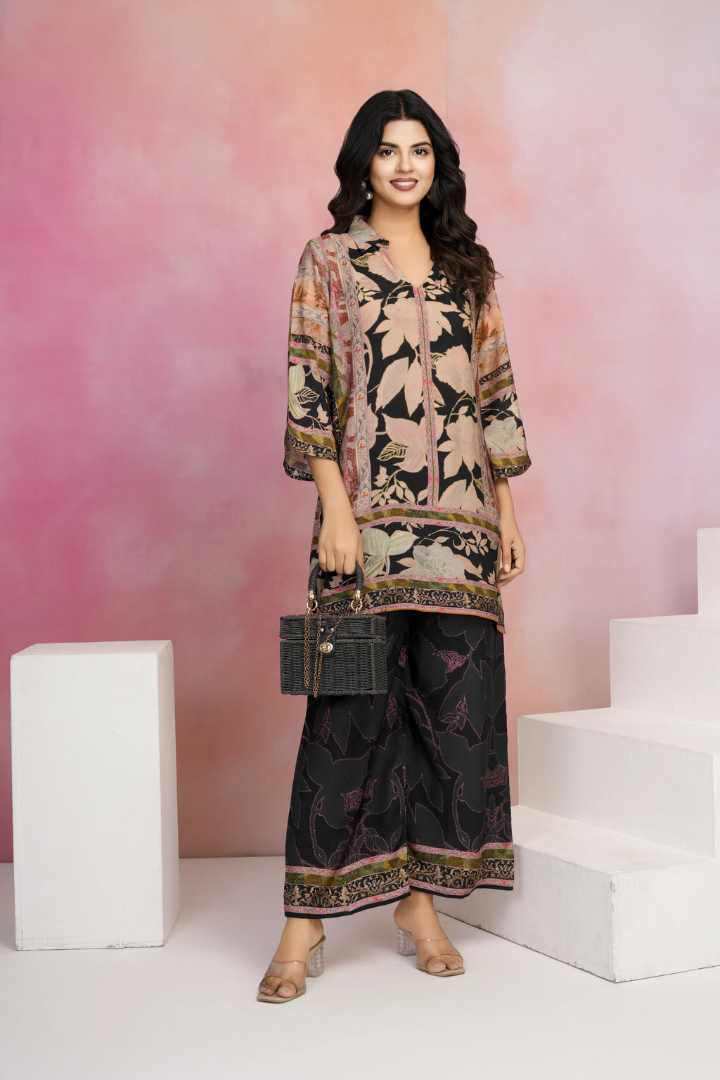 Black Base Multicolor Printed Muslin Kurta Set