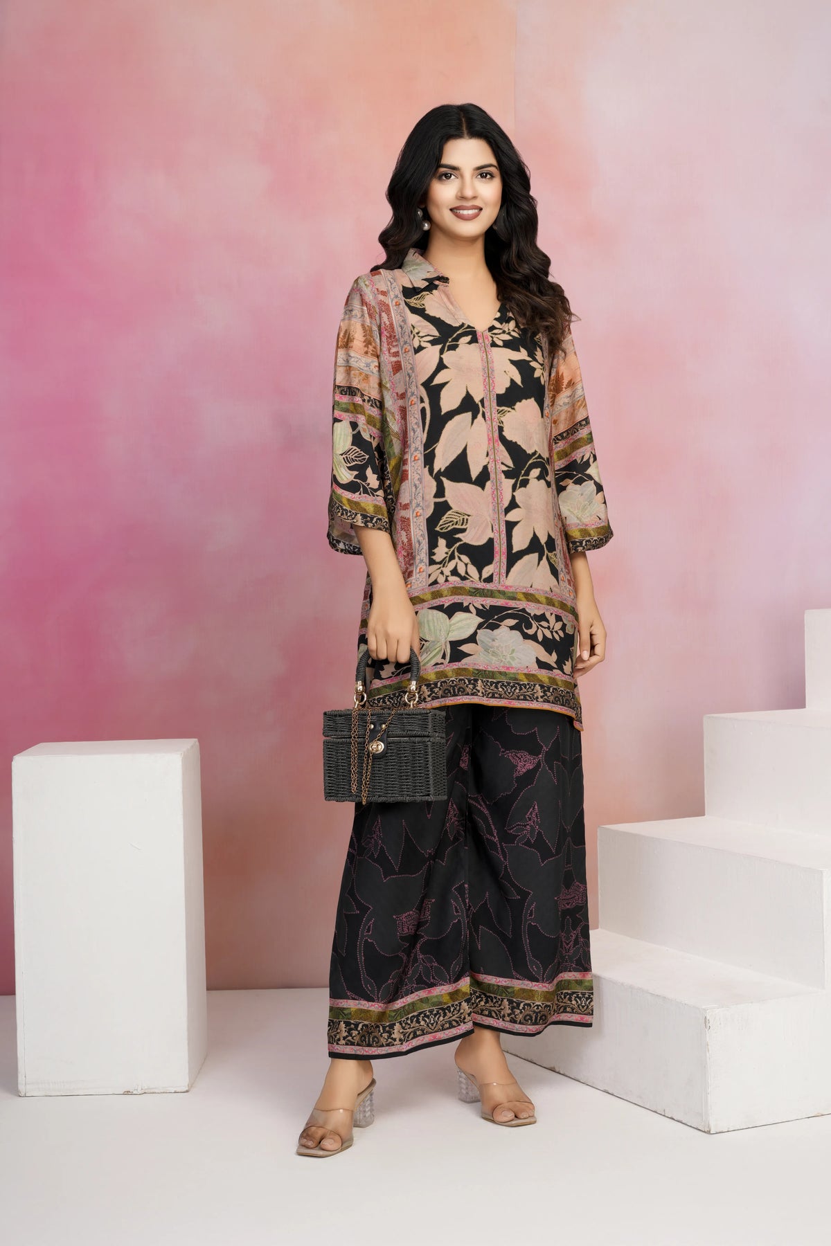 Black Base Multicolor Printed Muslin Kurta Set