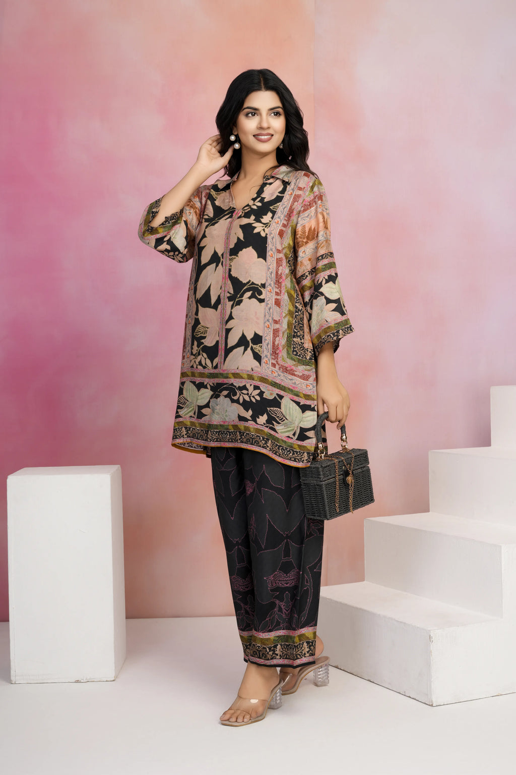 Black Base Multicolor Printed Muslin Kurta Set