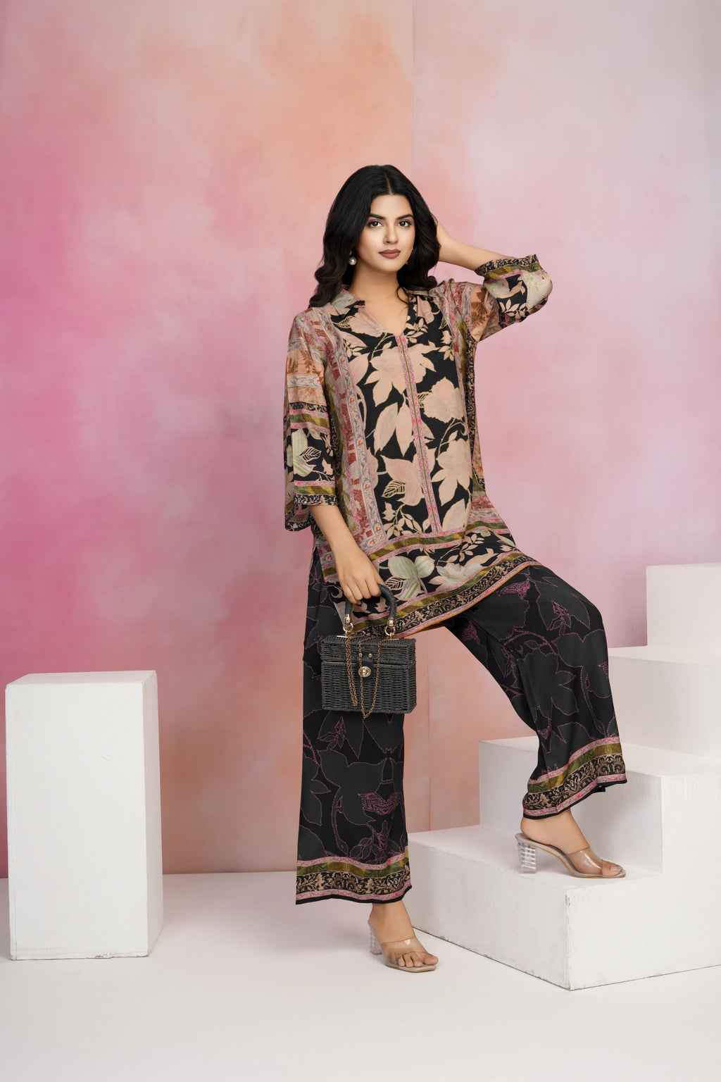 Black Base Multicolor Printed Muslin Kurta Set
