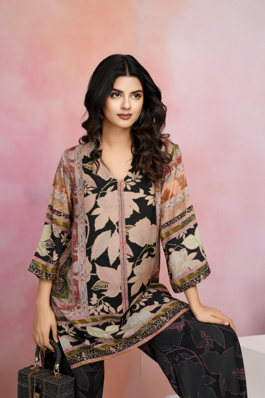 Black Base Multicolor Printed Muslin Kurta Set