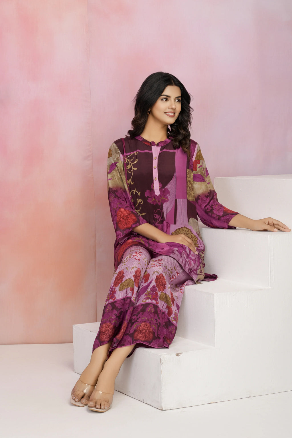 Pink Base Multicolor Printed Crepe Kurta Set with Lurex Embroidery