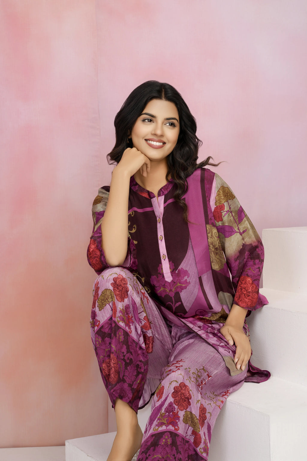 Pink Base Multicolor Printed Crepe Kurta Set with Lurex Embroidery
