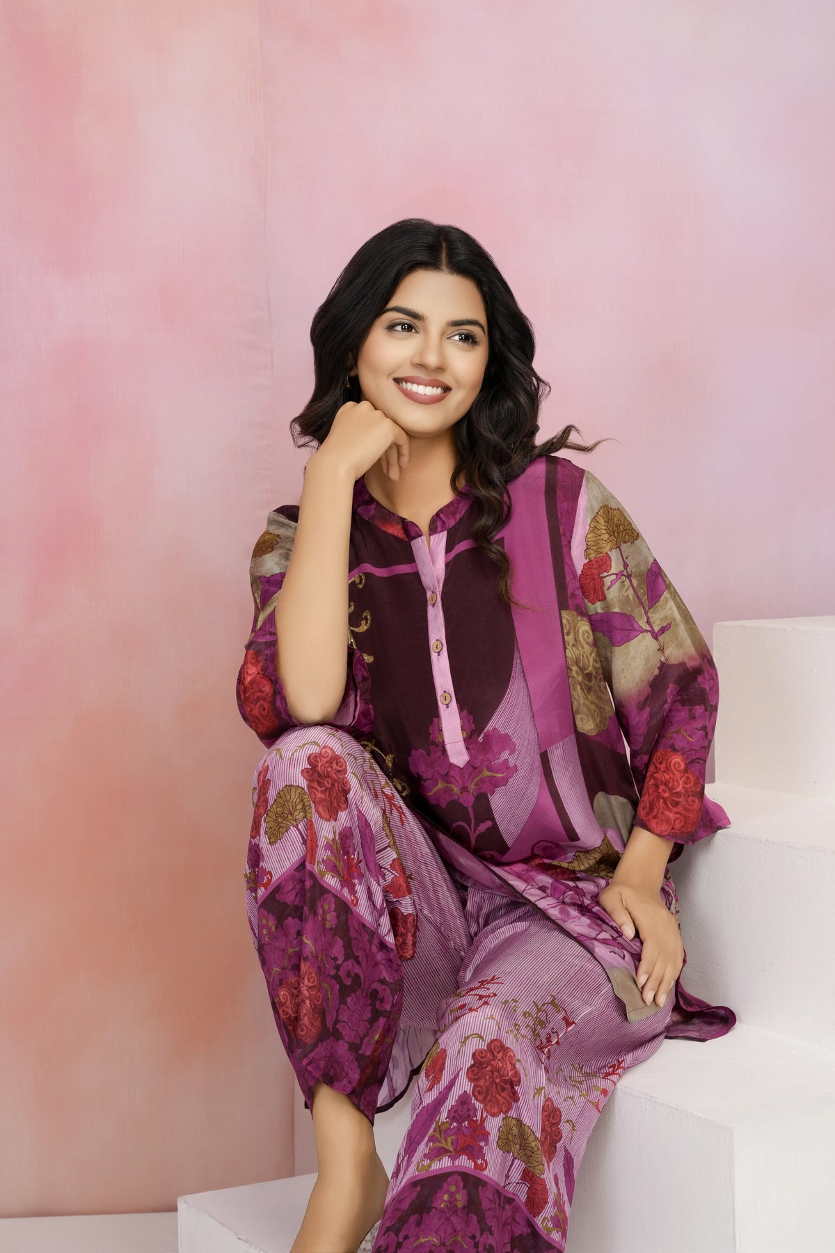 Pink Base Multicolor Printed Crepe Kurta Set with Lurex Embroidery