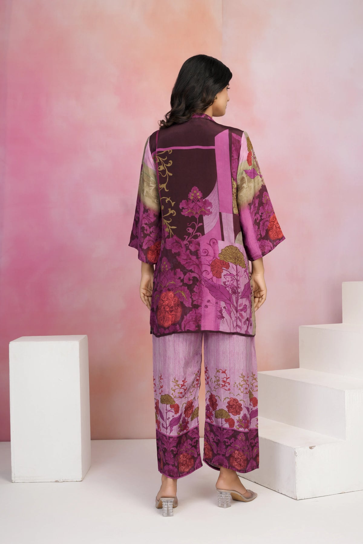 Pink Base Multicolor Printed Crepe Kurta Set with Lurex Embroidery