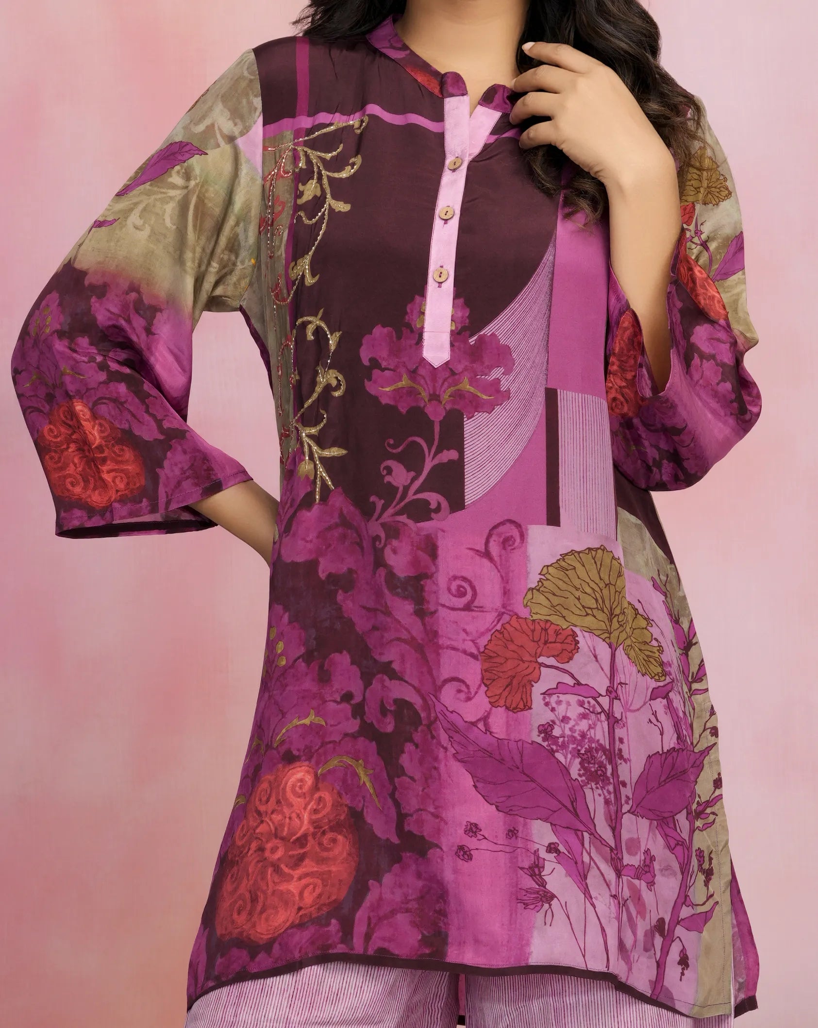 Pink Base Multicolor Printed Crepe Kurta Set with Lurex Embroidery