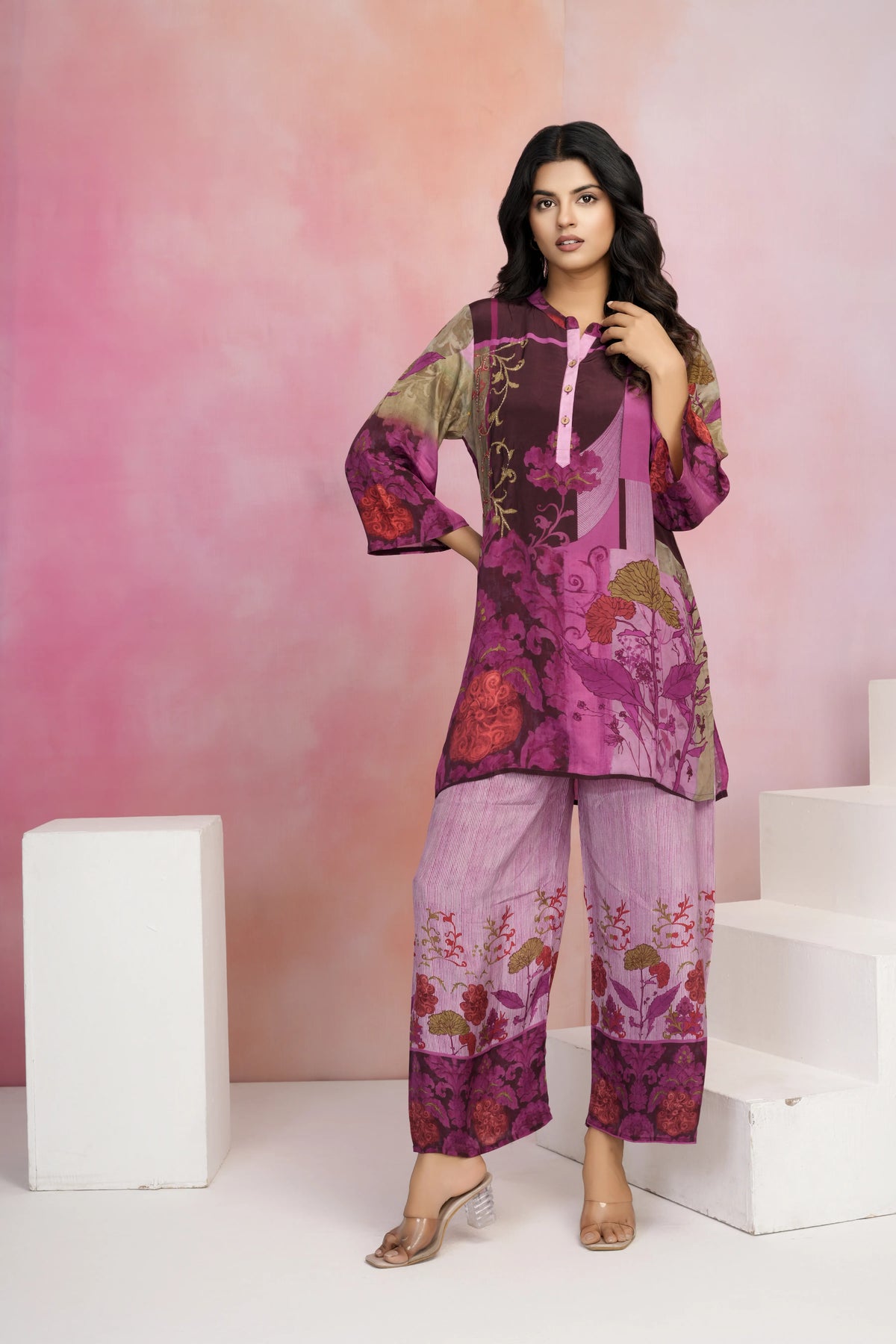Pink Base Multicolor Printed Crepe Kurta Set with Lurex Embroidery