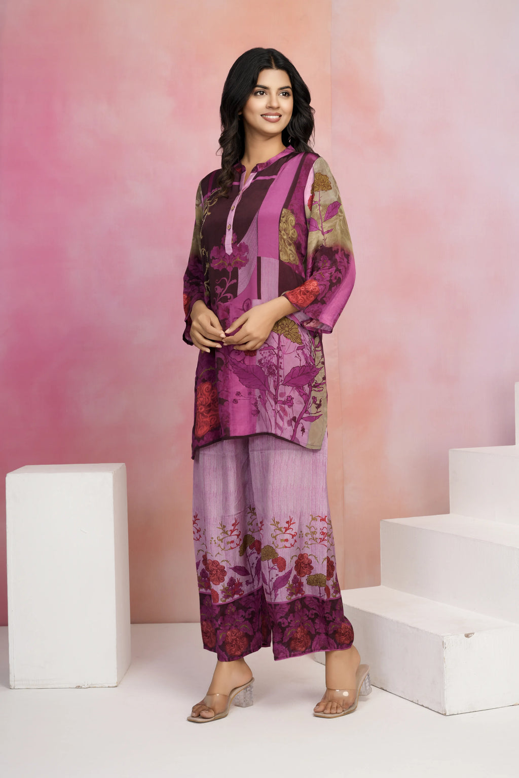 Pink Base Multicolor Printed Crepe Kurta Set with Lurex Embroidery