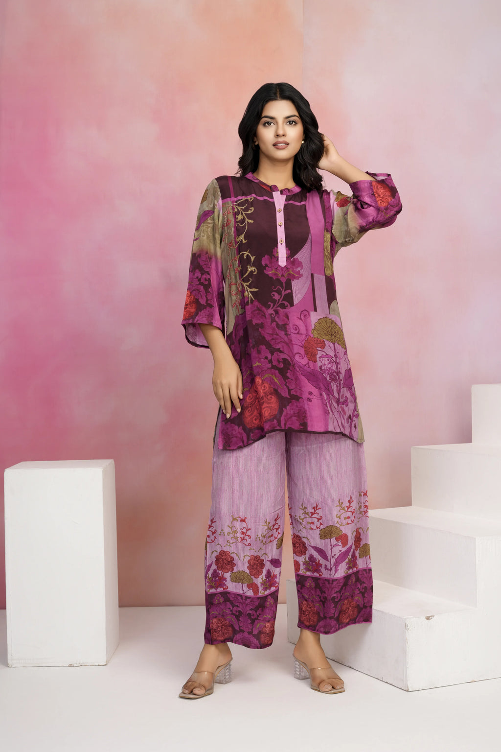 Pink Base Multicolor Printed Crepe Kurta Set with Lurex Embroidery