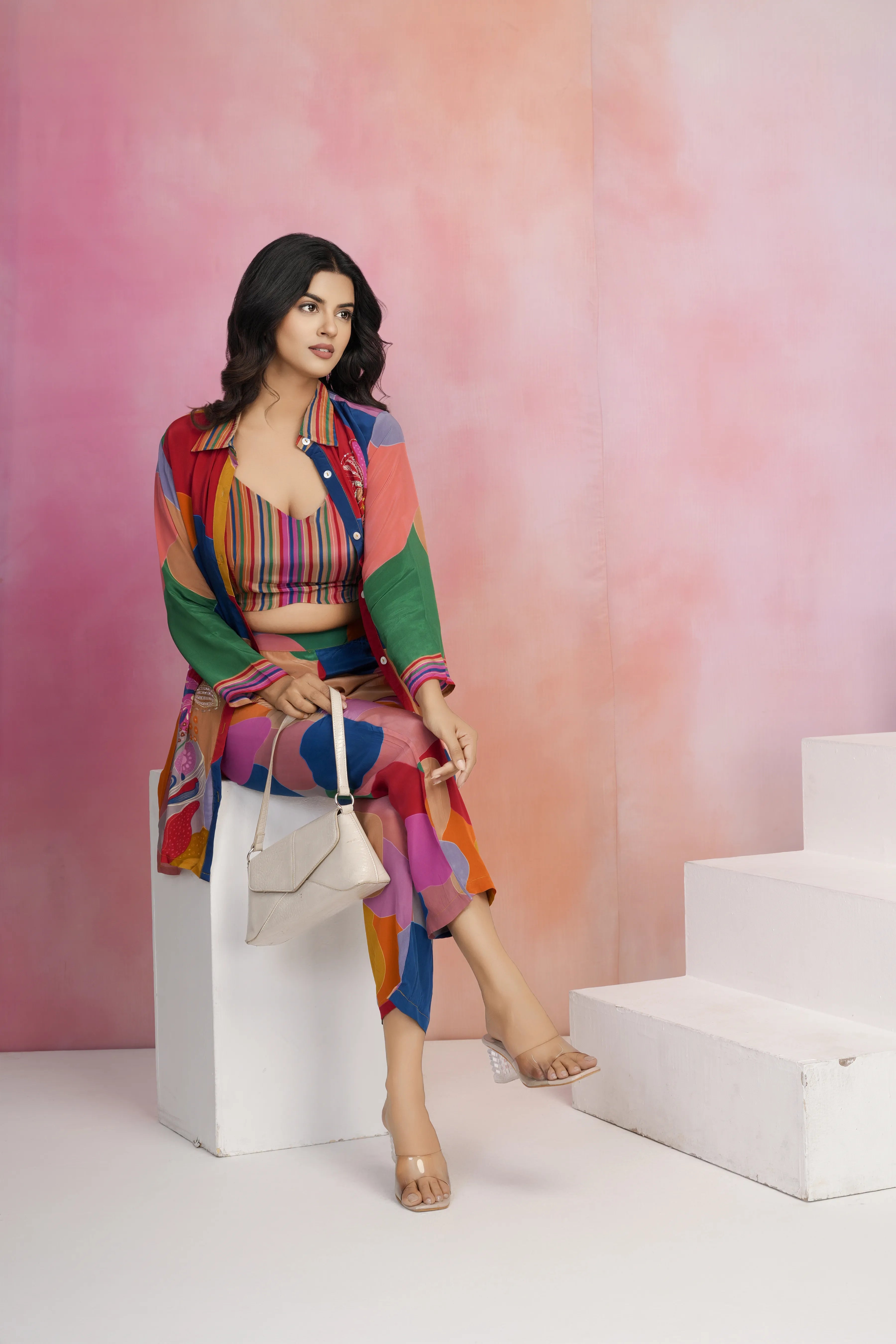 Multicolored Floral Sequins 3 Piece Co-Ord Set With Camisole
