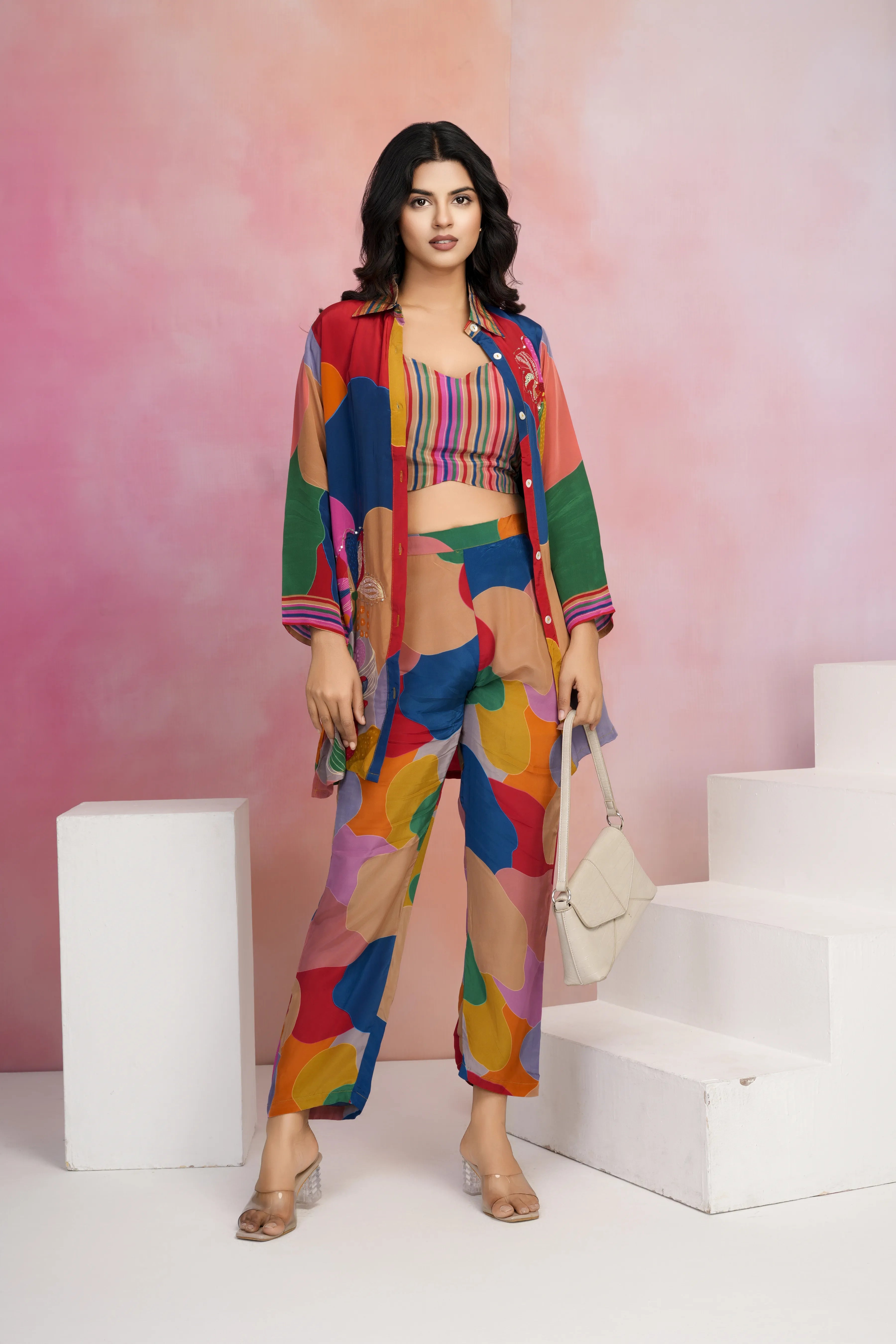 Multicolored Floral Sequins 3 Piece Co-Ord Set With Camisole