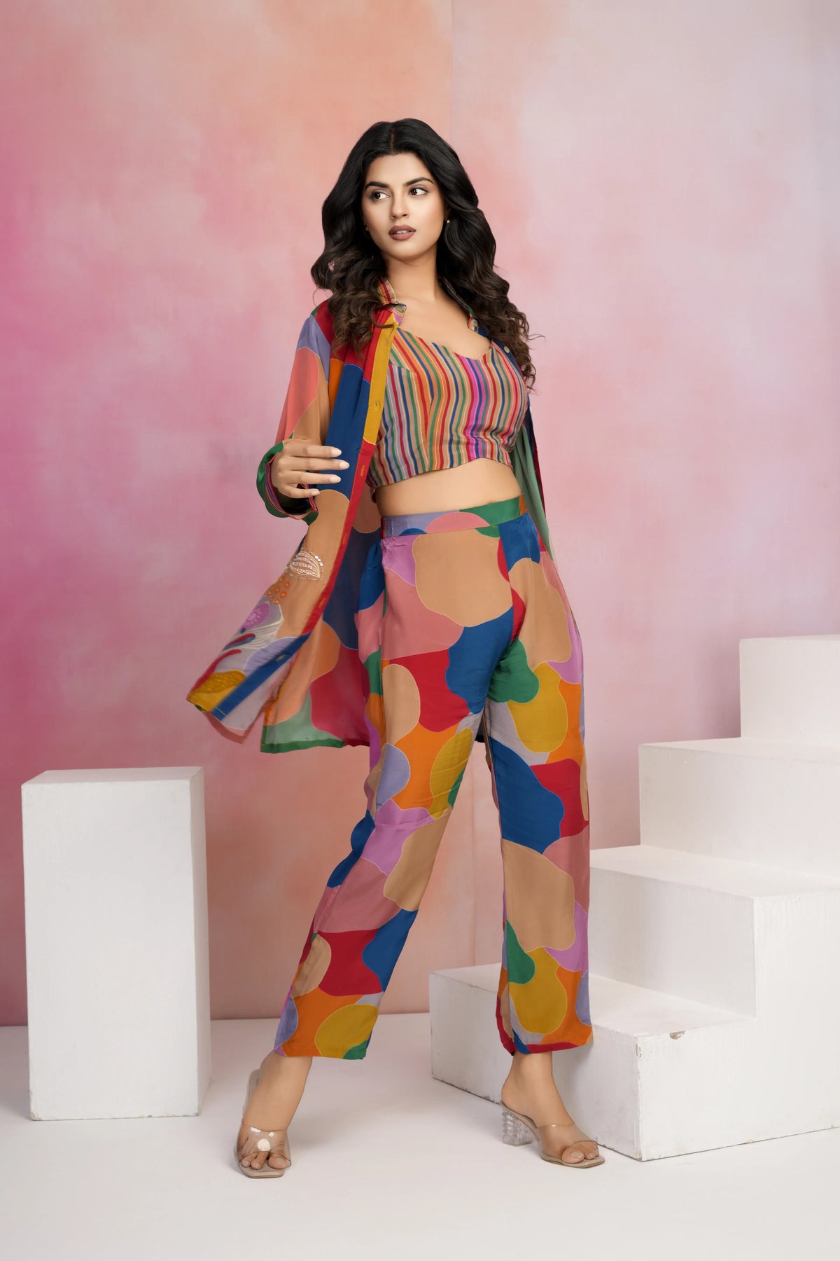 Multicolored Floral Sequins 3 Piece Co-Ord Set With Camisole