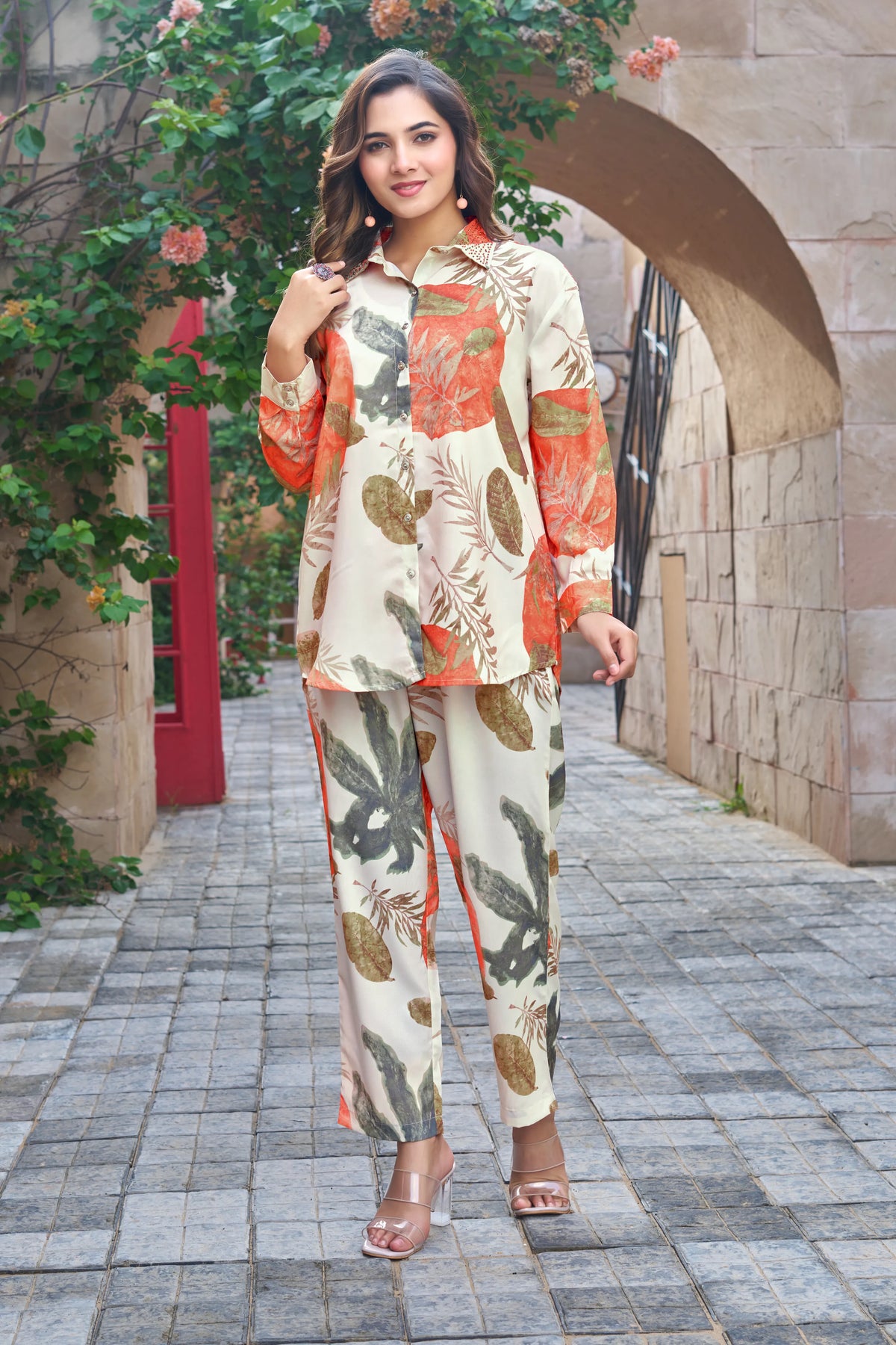 Beige & Orange Tropical Print Co-ord Set