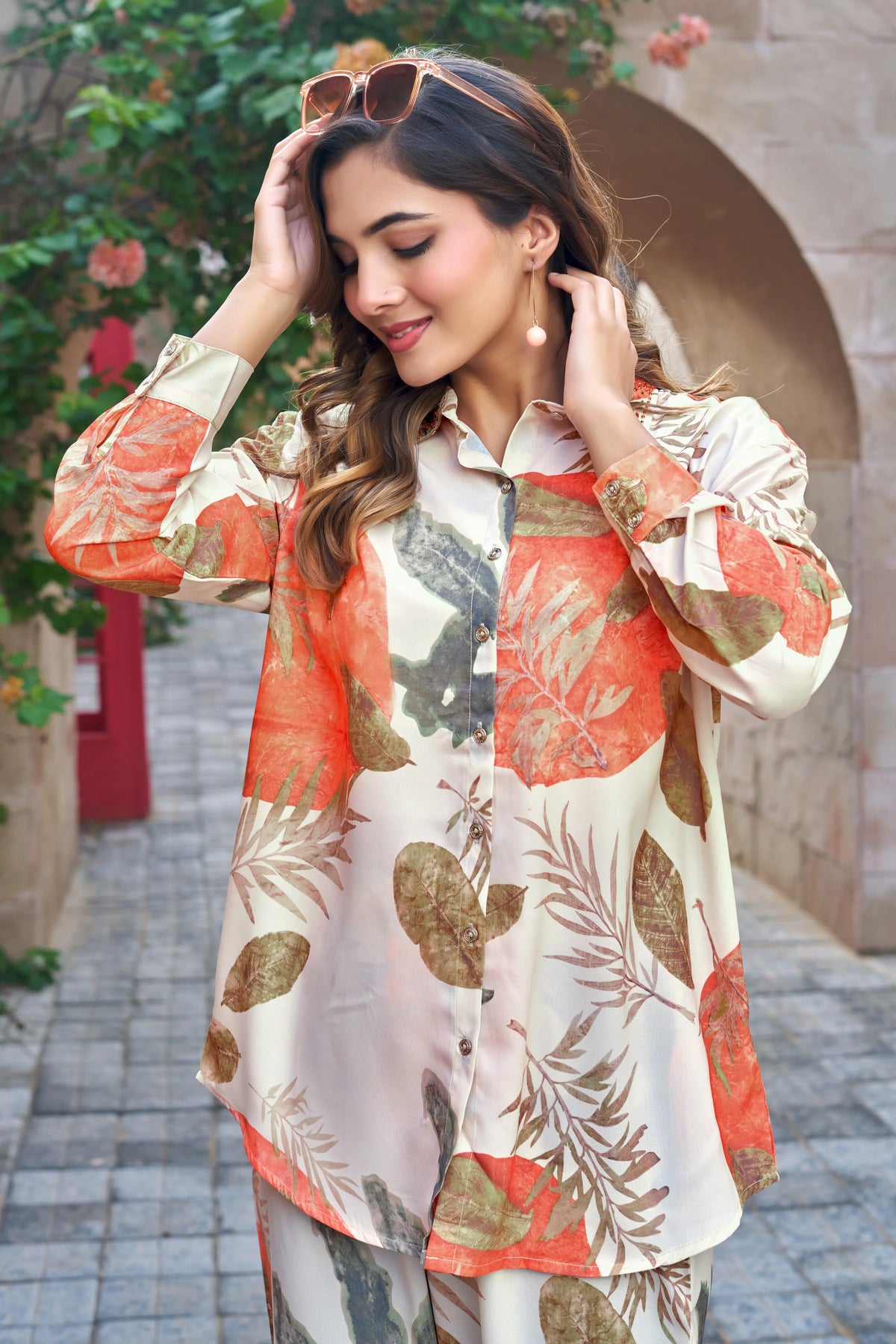 Beige & Orange Tropical Print Co-ord Set